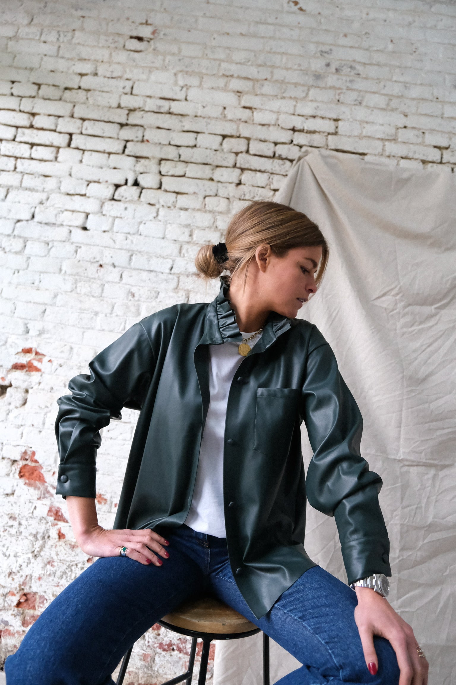 LOU dark green faux leather overshirt