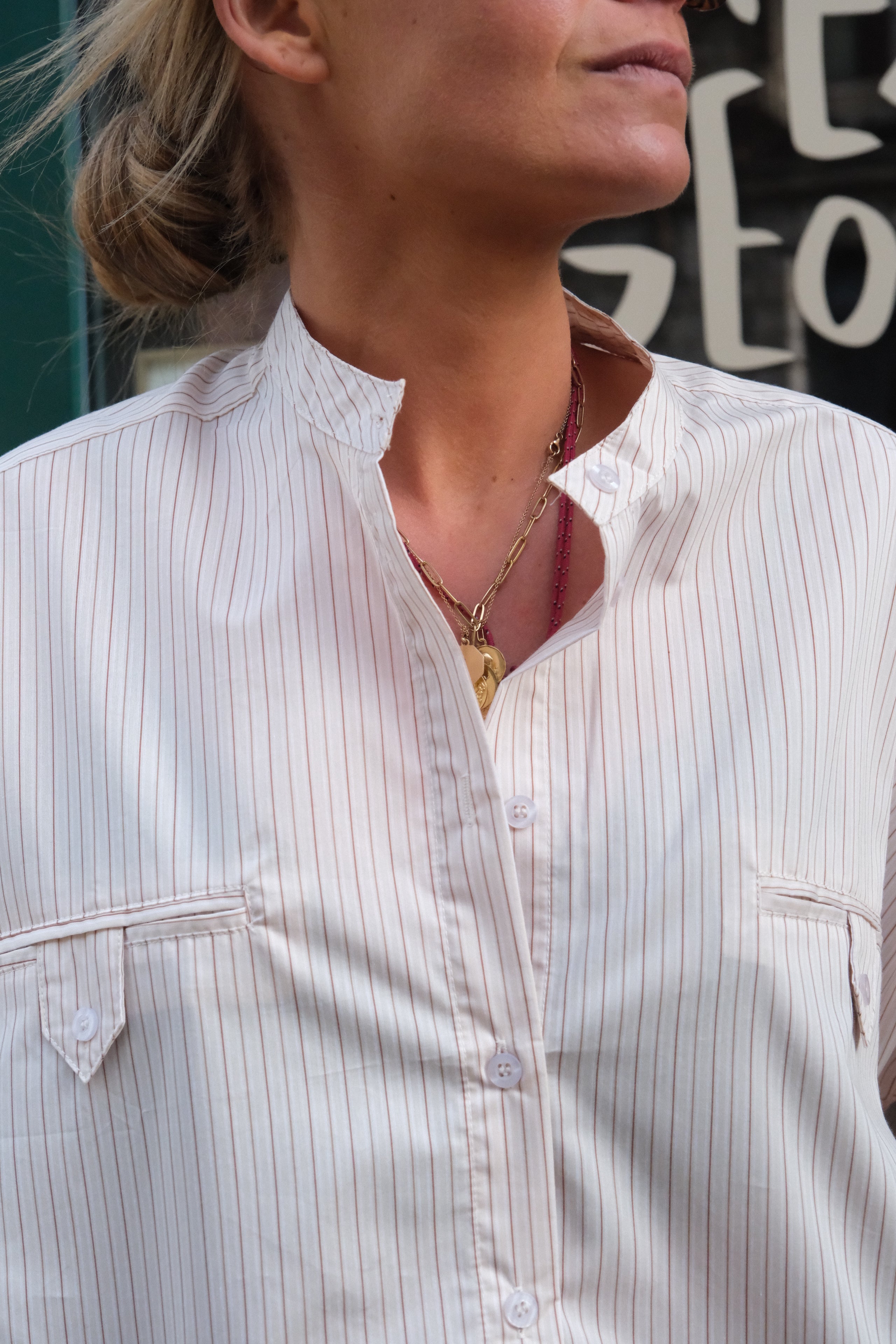 Astrid mandarin-collar beige stripe blouse