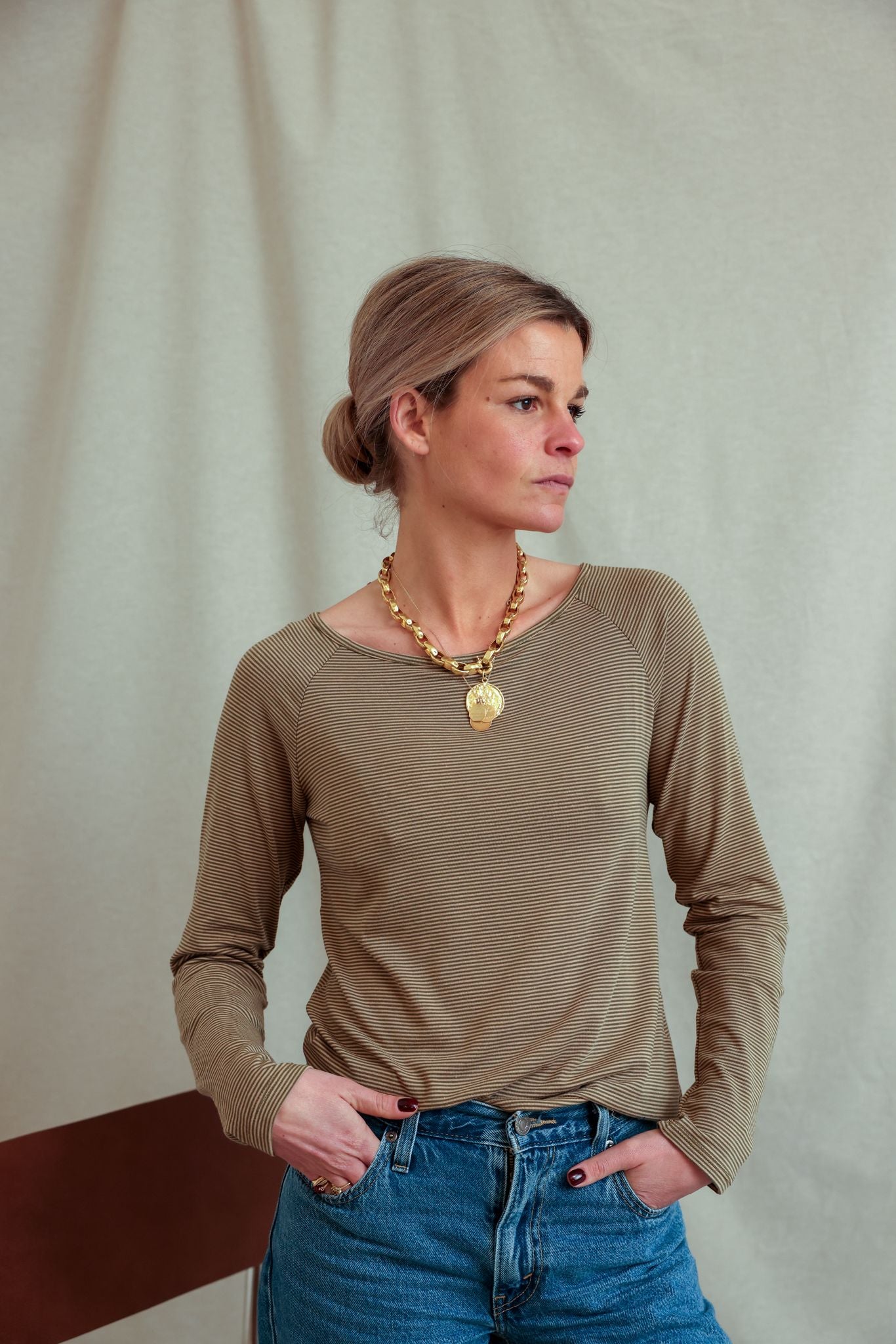 Valentin khaki/beige striped long-sleeved t-shirt