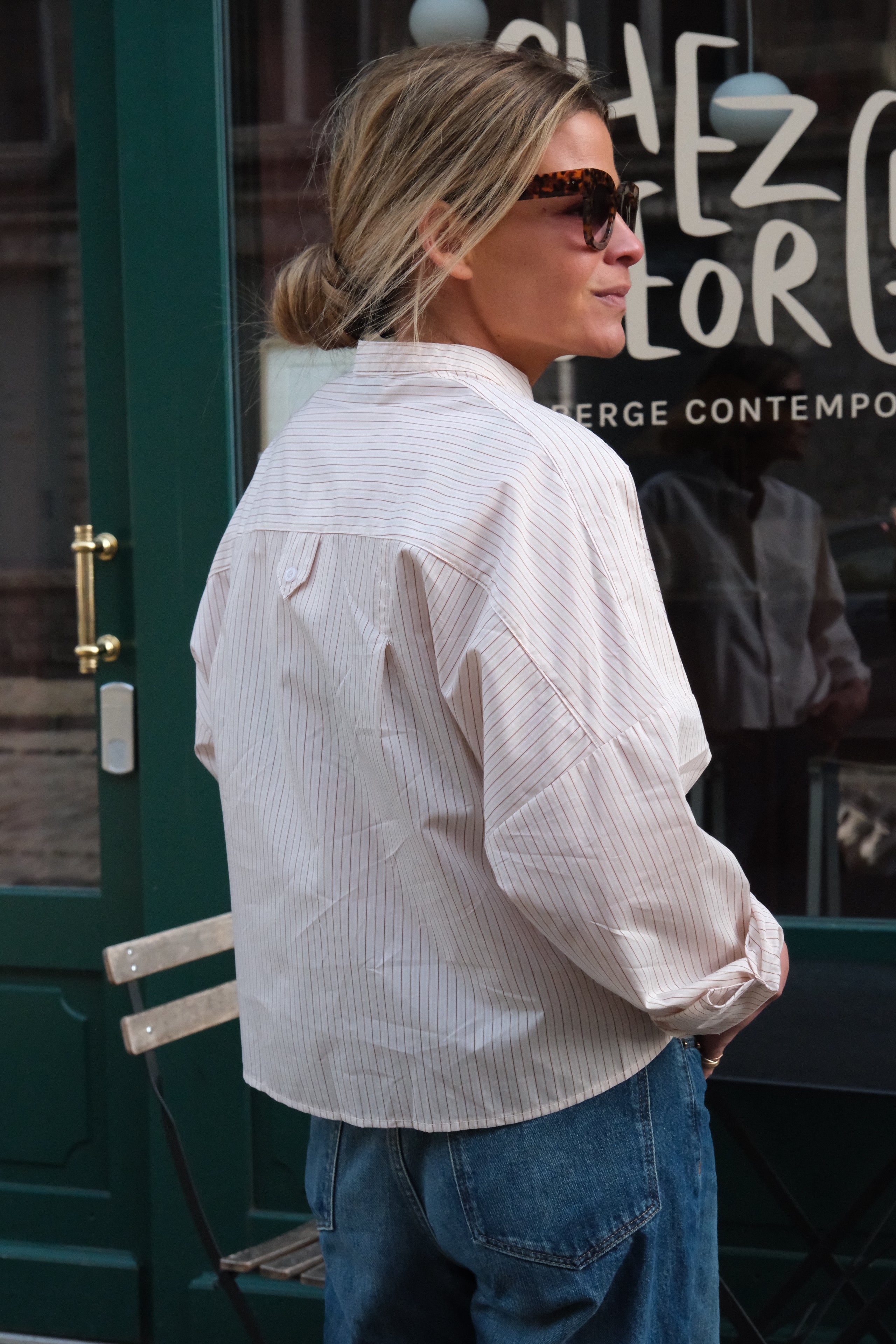 Astrid mandarin-collar beige stripe blouse