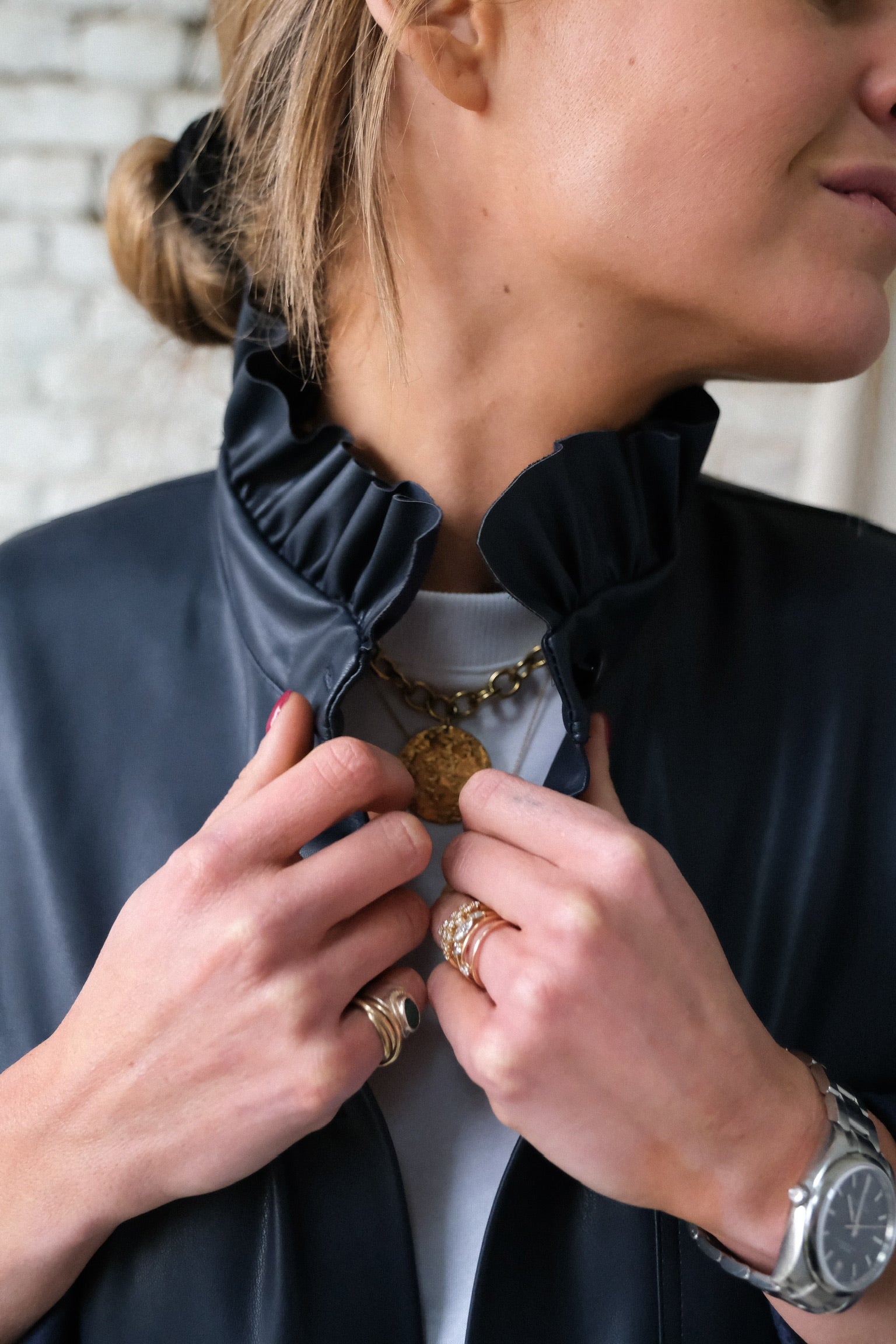 LOU navy faux leather overshirt
