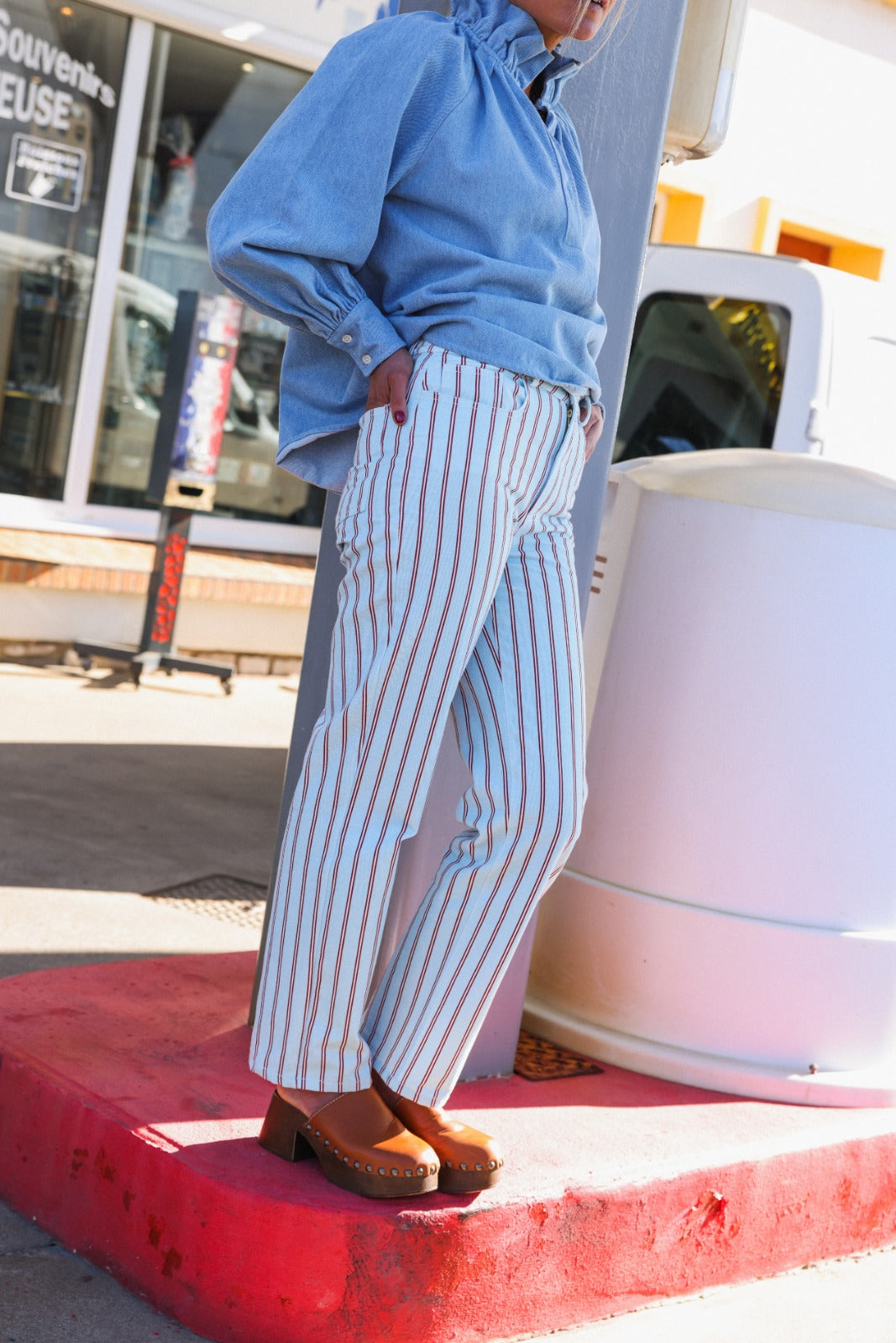 MARCEAU sky blue/red striped pants