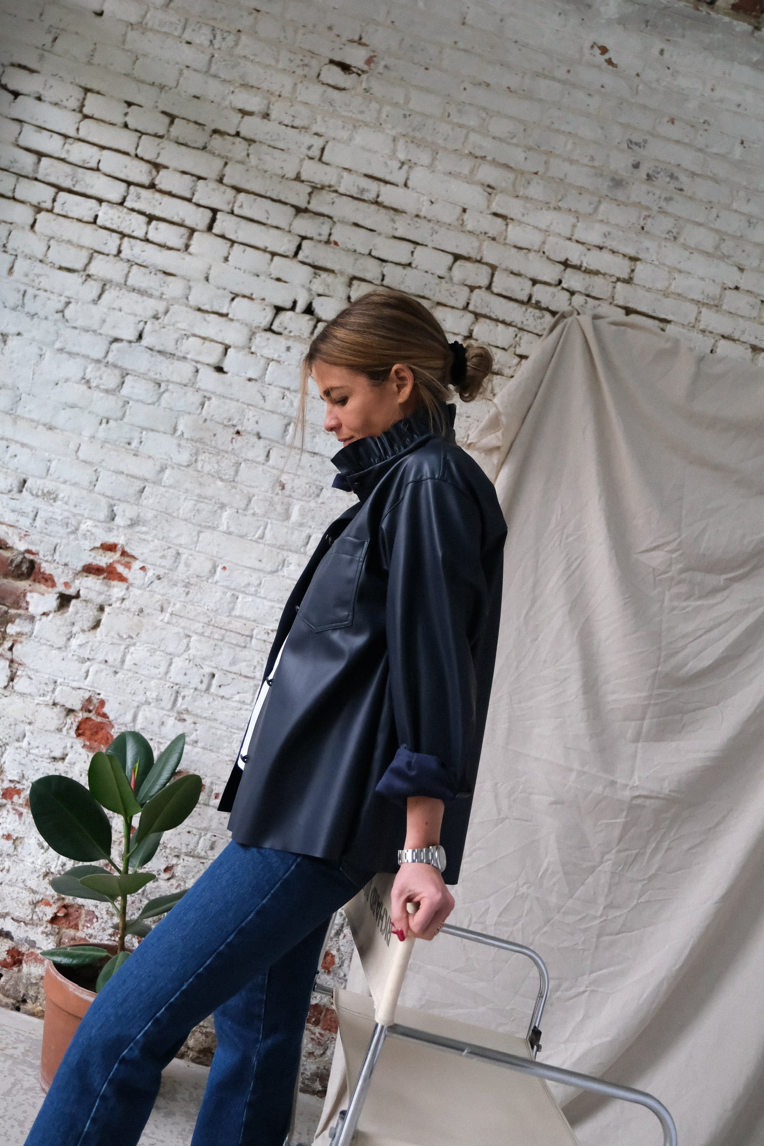 LOU navy faux leather overshirt