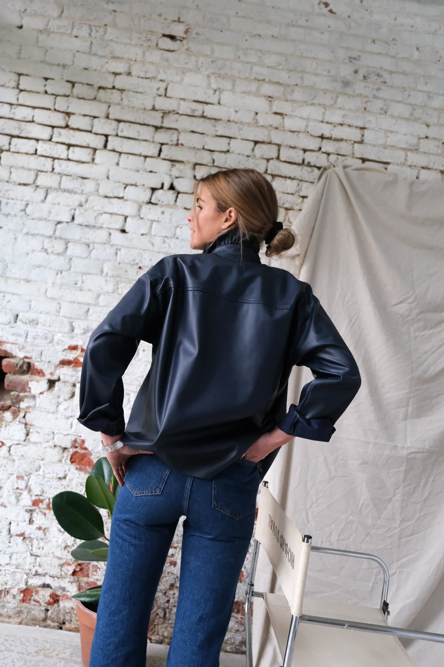 LOU navy faux leather overshirt