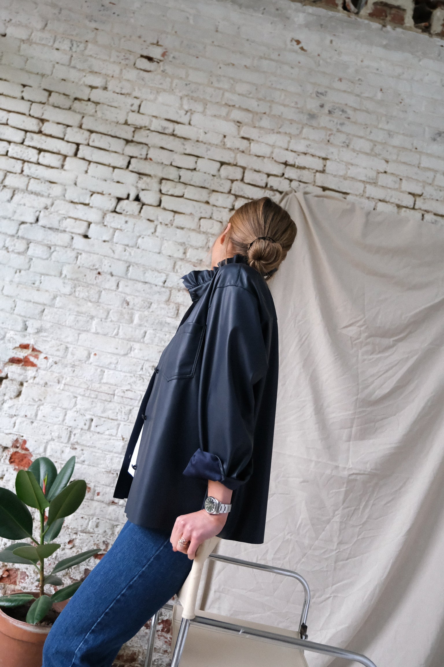LOU navy faux leather overshirt