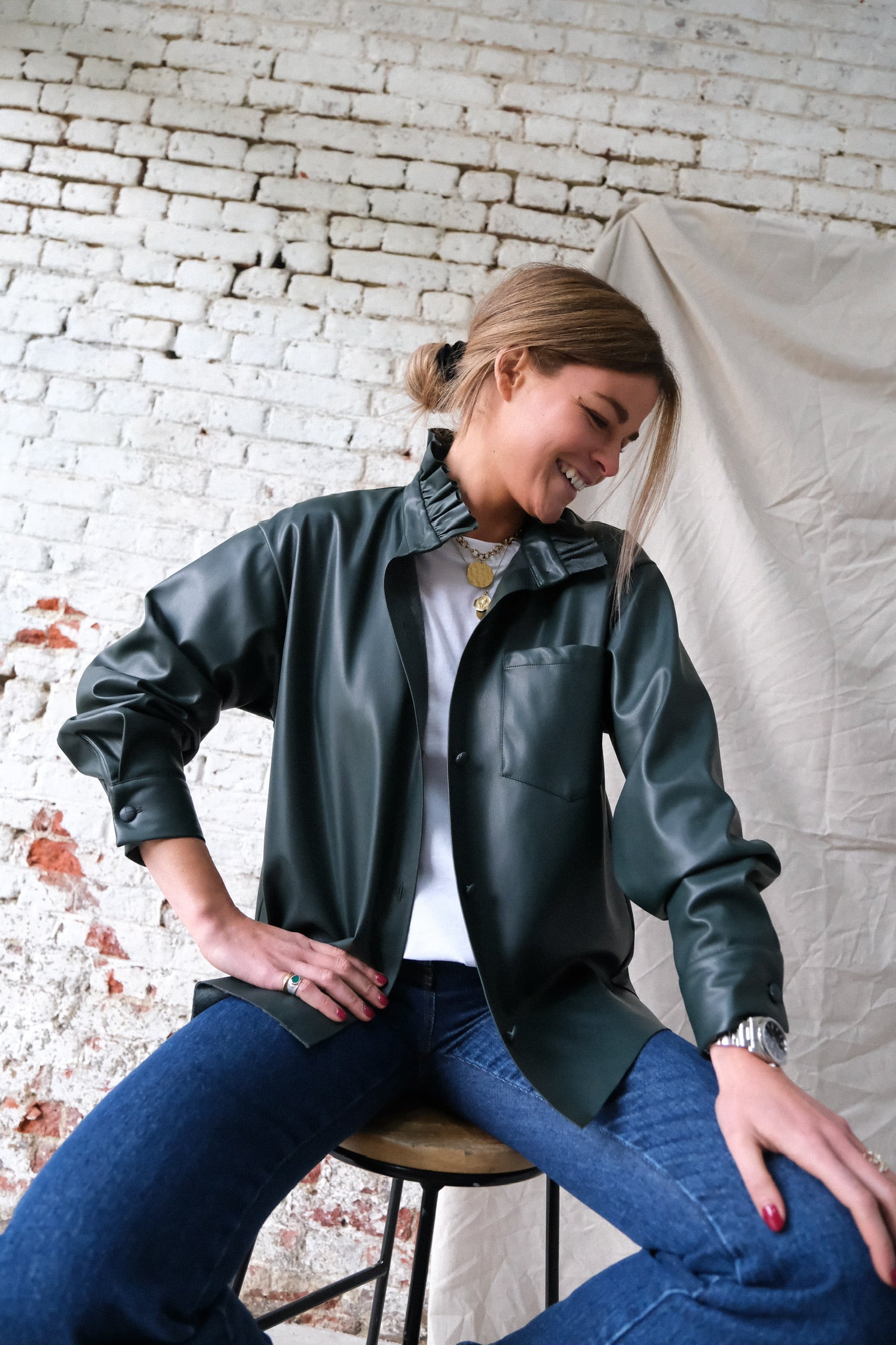 LOU dark green faux leather overshirt