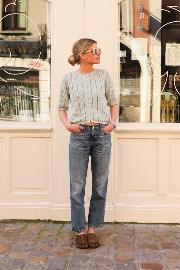 Théodore light green pointelle cardigan