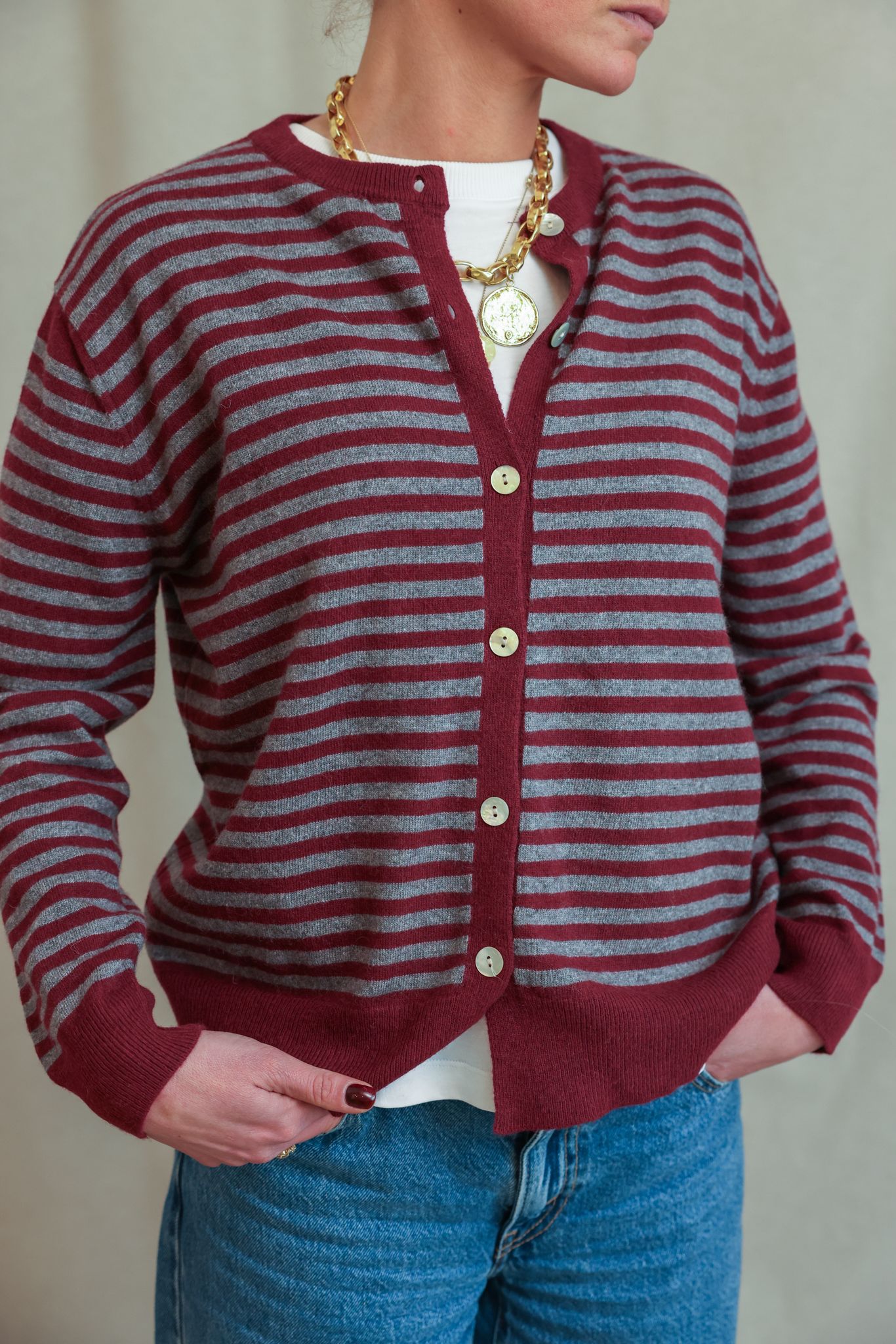 Henri burgundy/anthracite striped cardigan