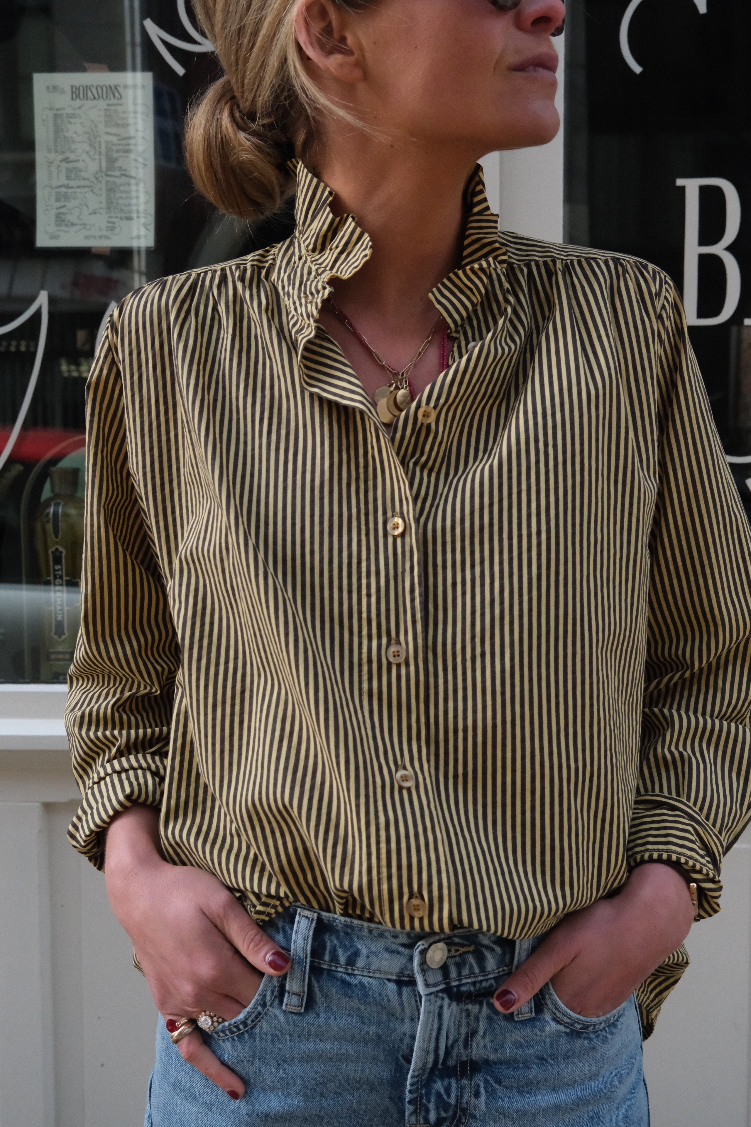Faustine chocolate/yellow stripe shirt
