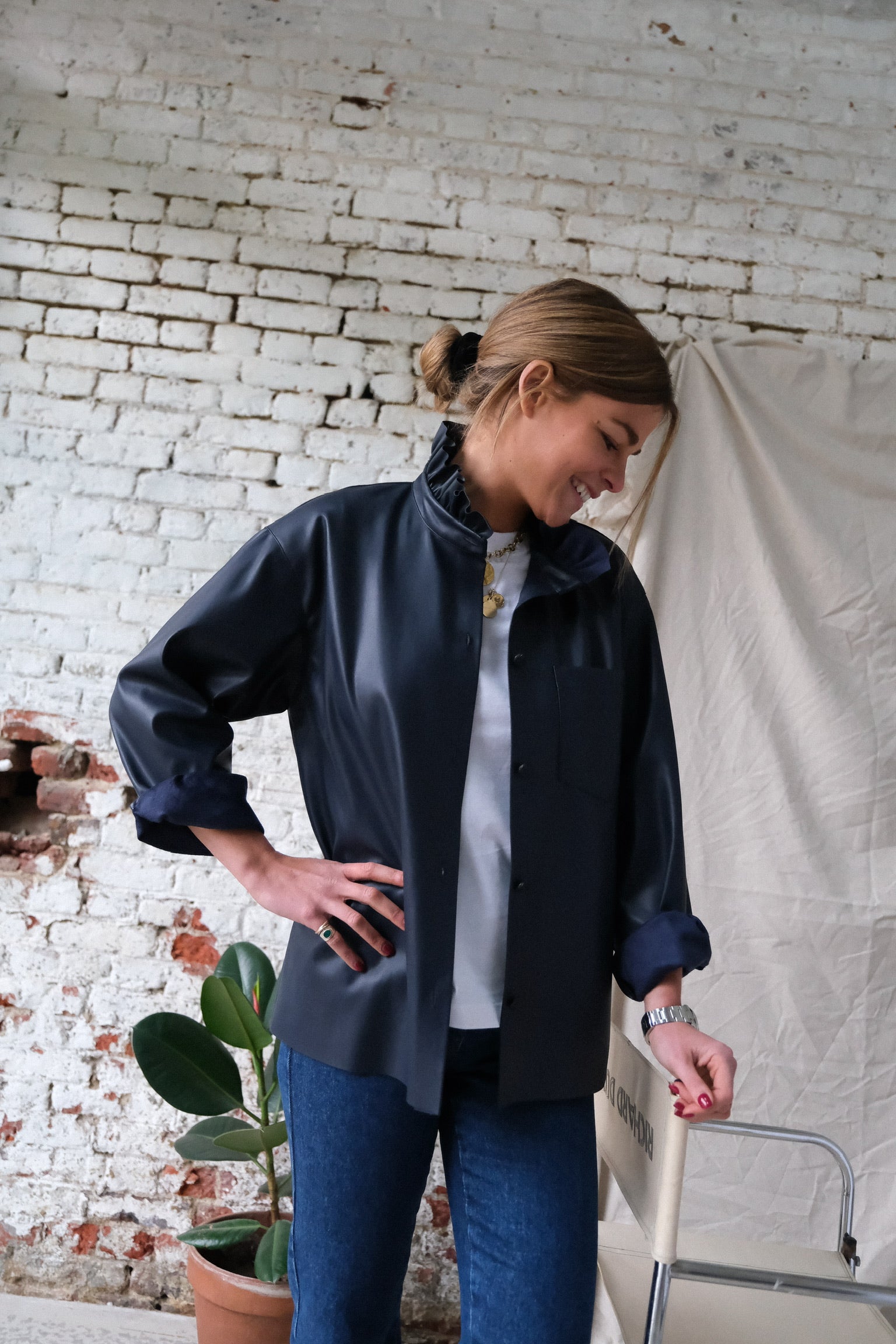 LOU navy faux leather overshirt