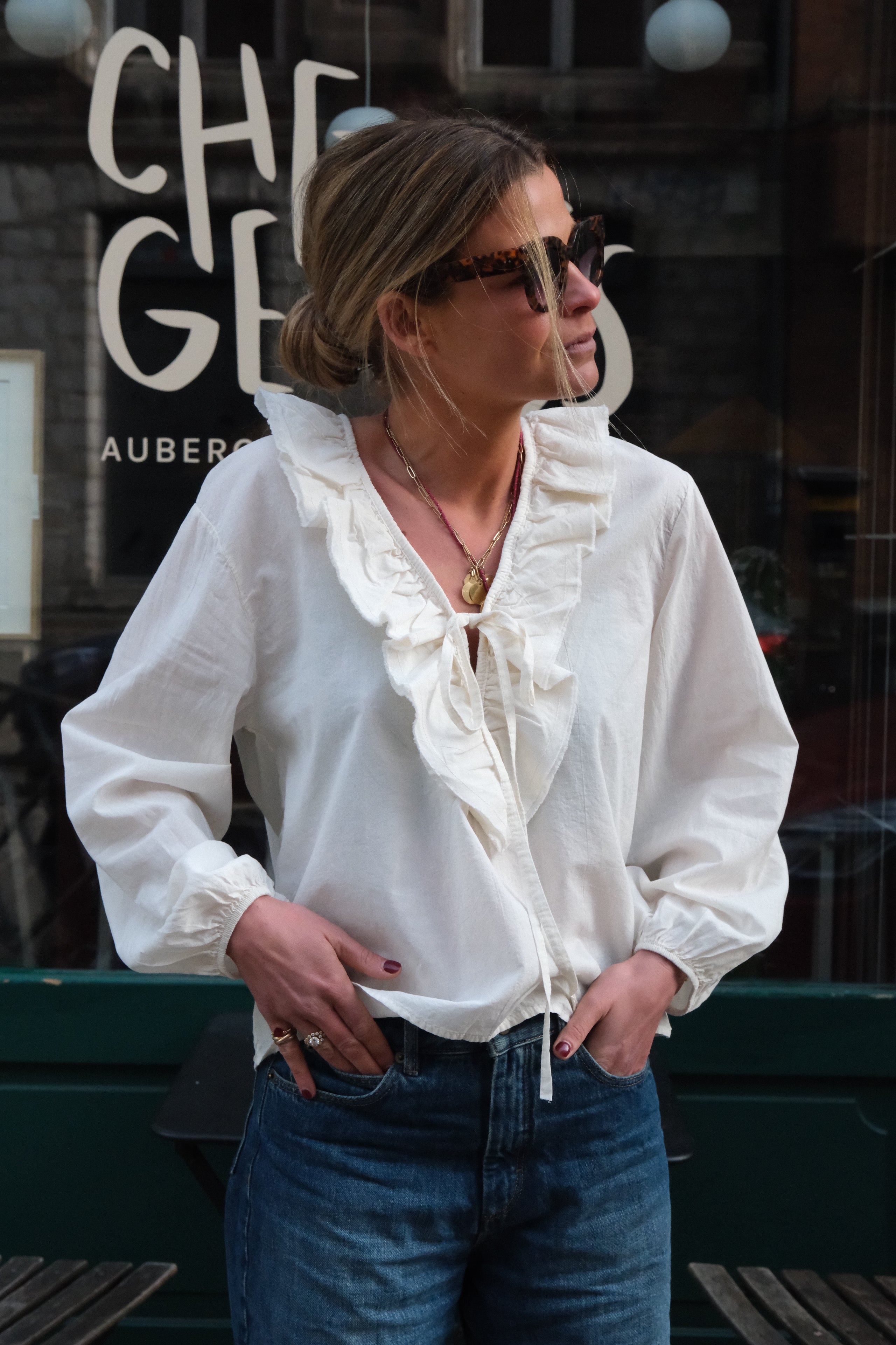 Sidonie ecru ruffle neckline blouse