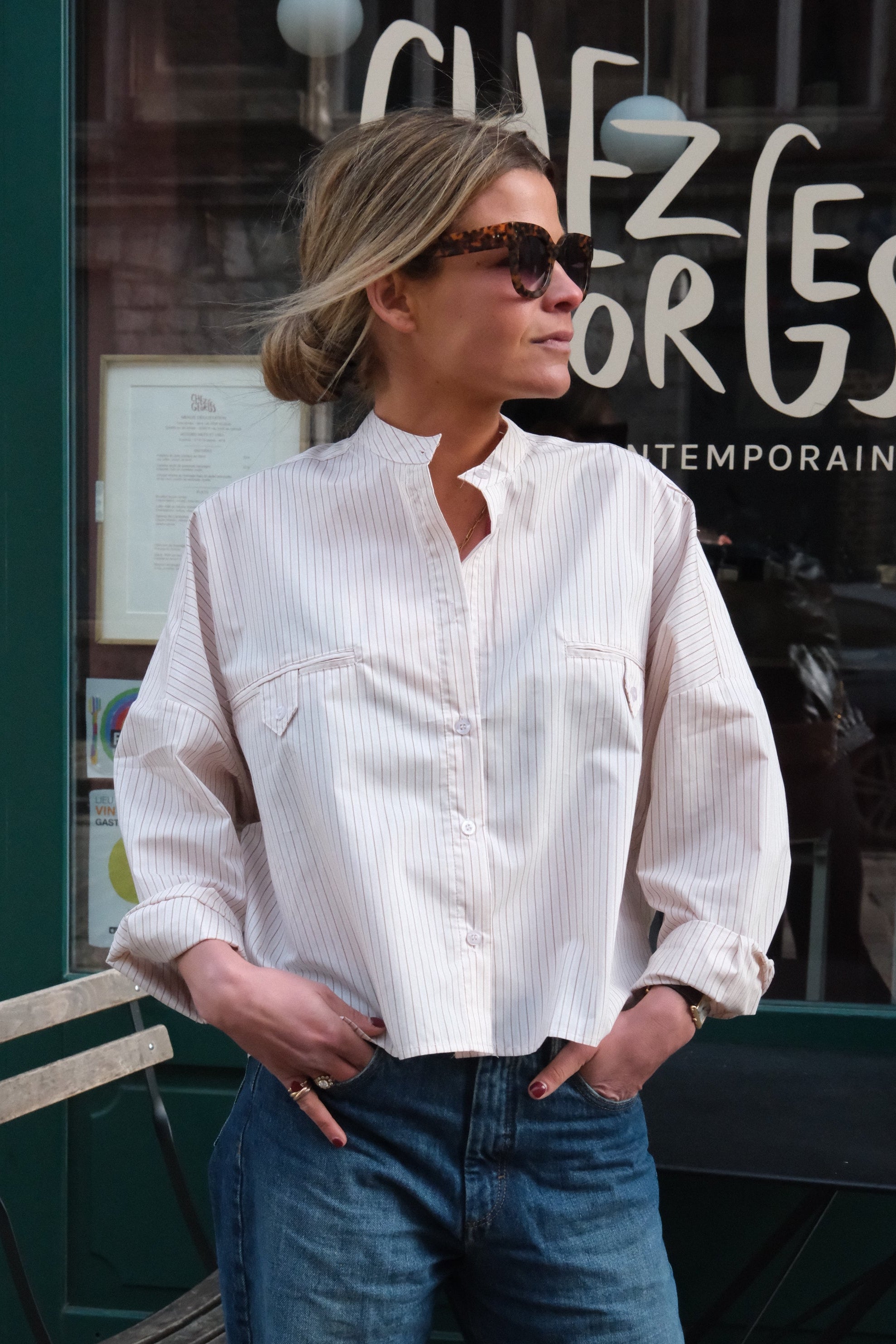 Astrid mandarin-collar beige stripe blouse