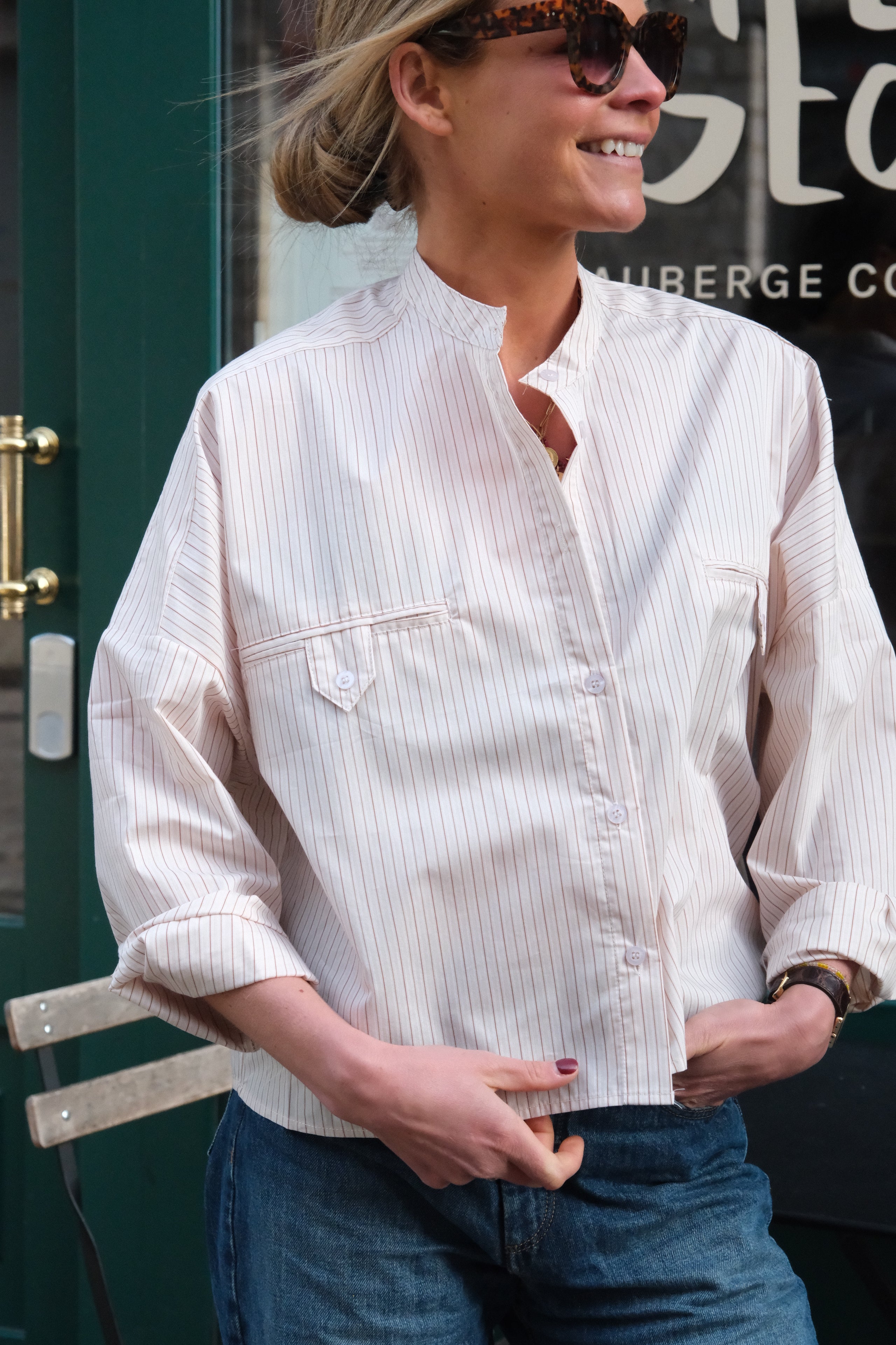 Astrid mandarin-collar beige stripe blouse