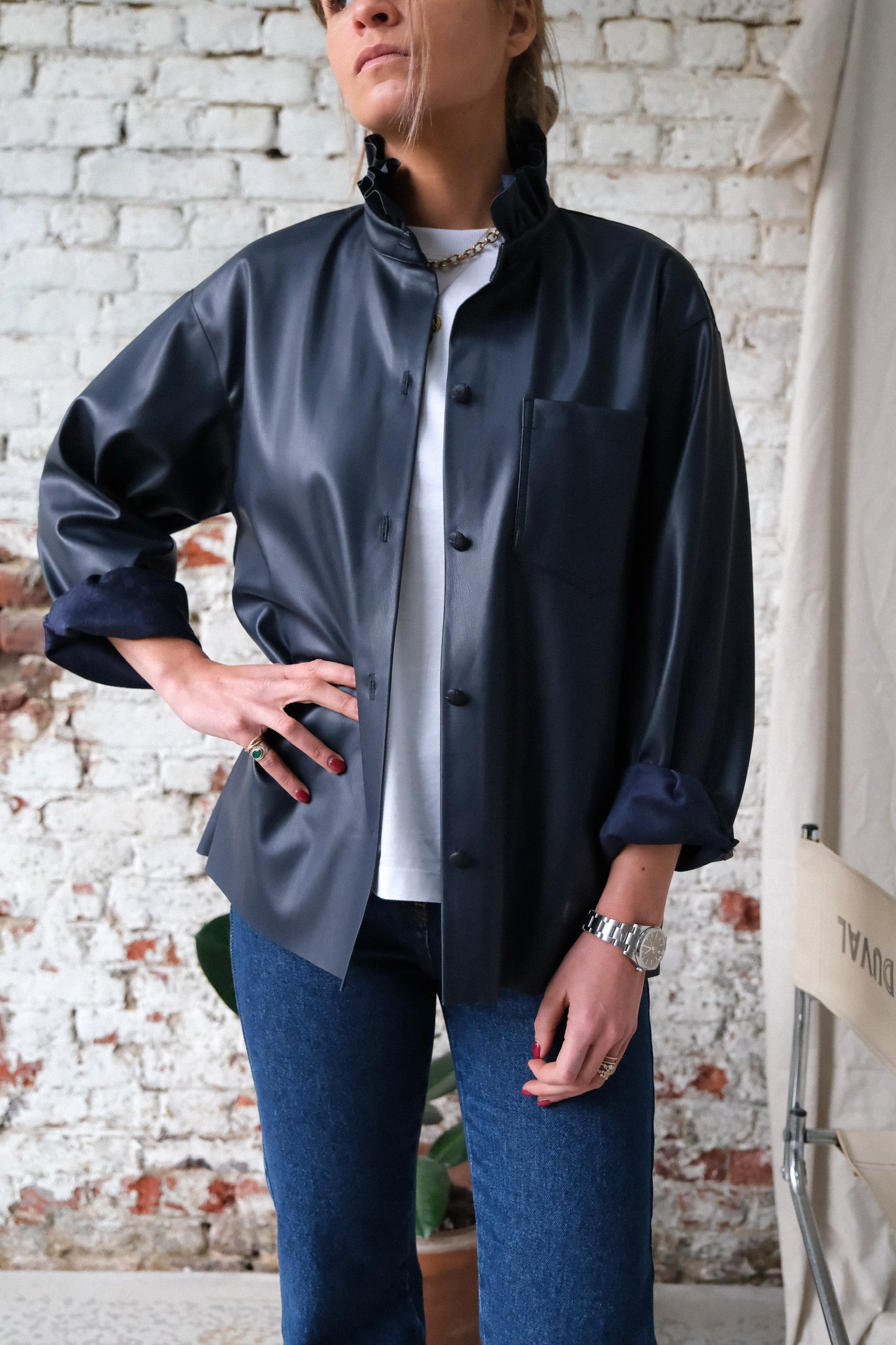 LOU navy faux leather overshirt