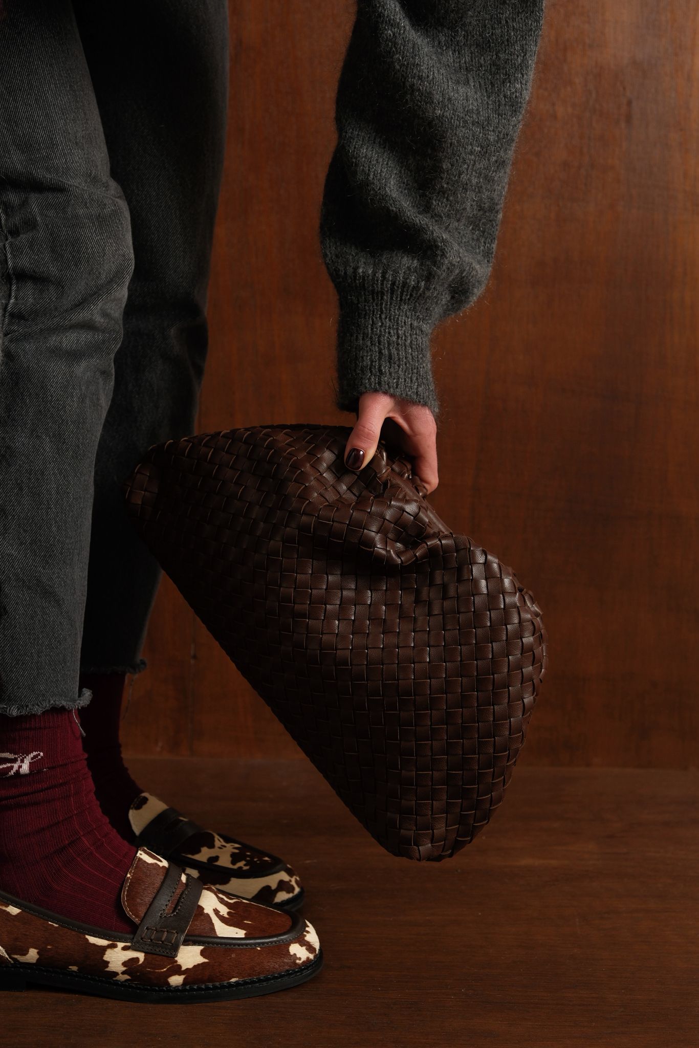 Sac pochon cuir tissé chocolat