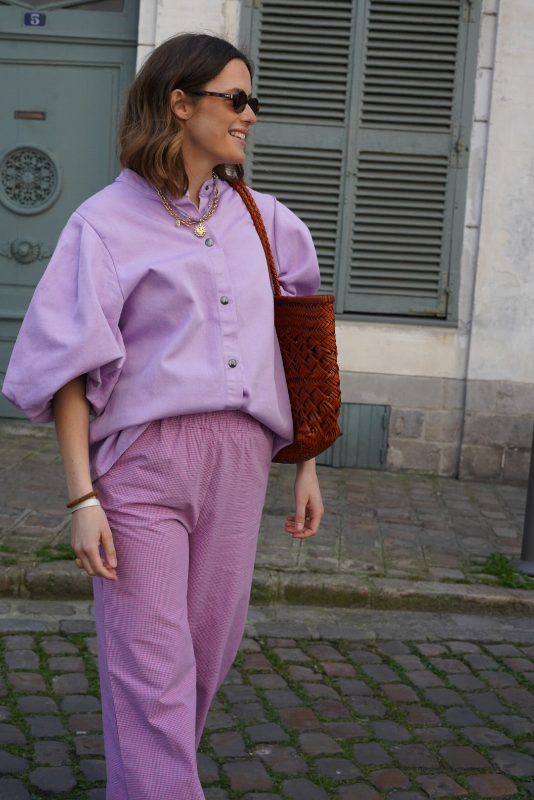 Pantalon ARTHUR vichy parme/rose