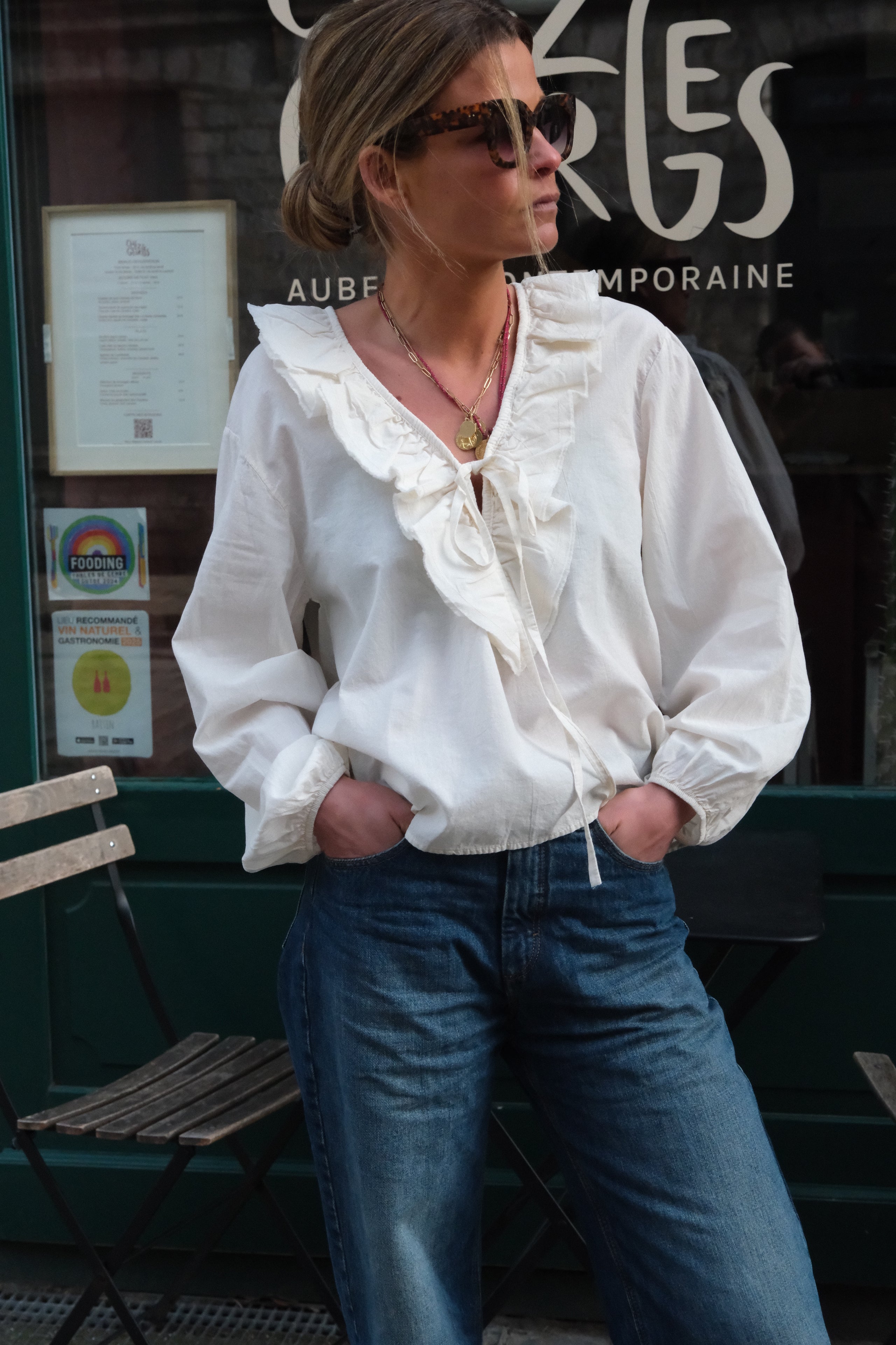 Sidonie ecru ruffle neckline blouse