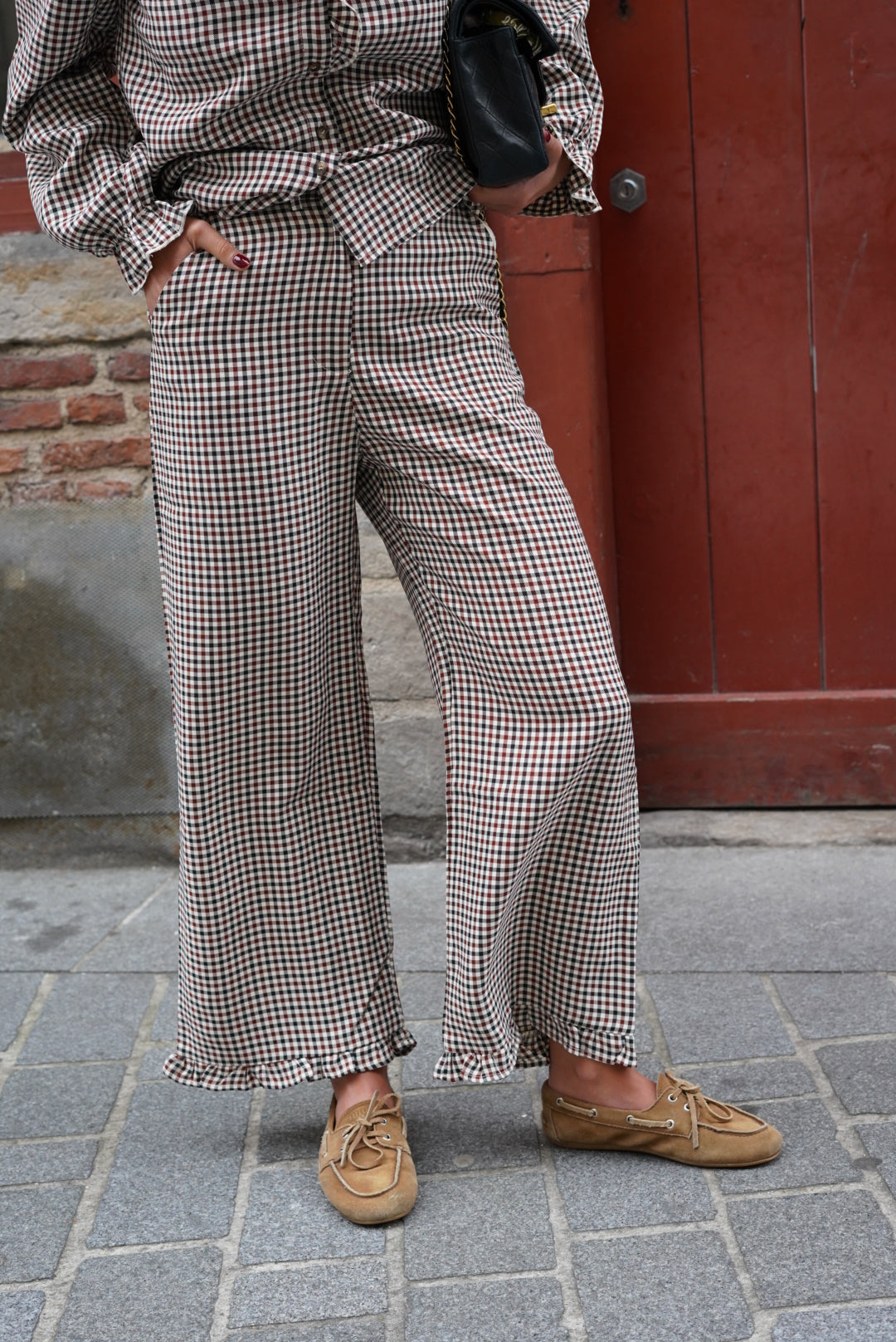 Pantalon Eugène carreaux écru/bordeaux