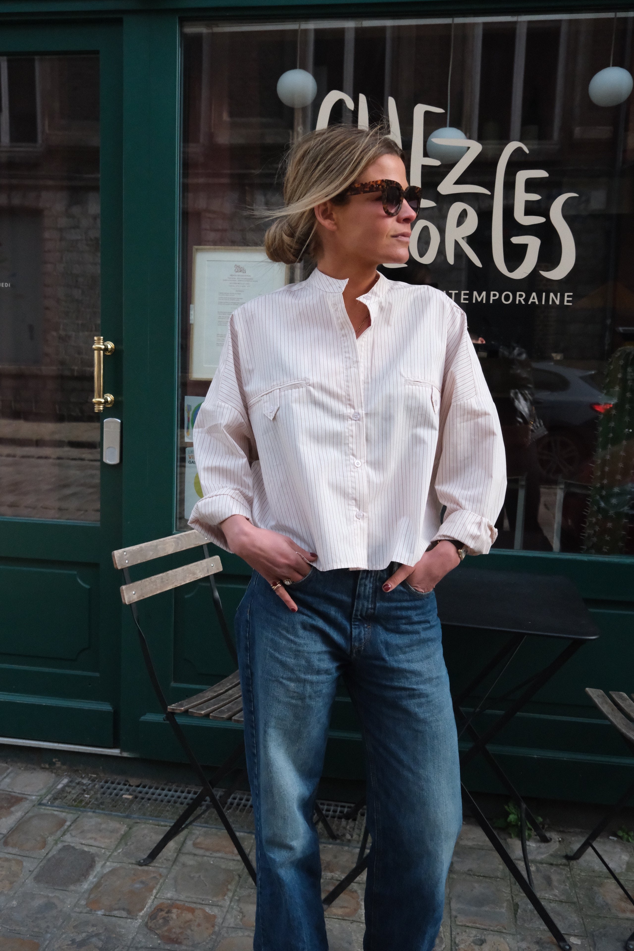 Astrid mandarin-collar beige stripe blouse