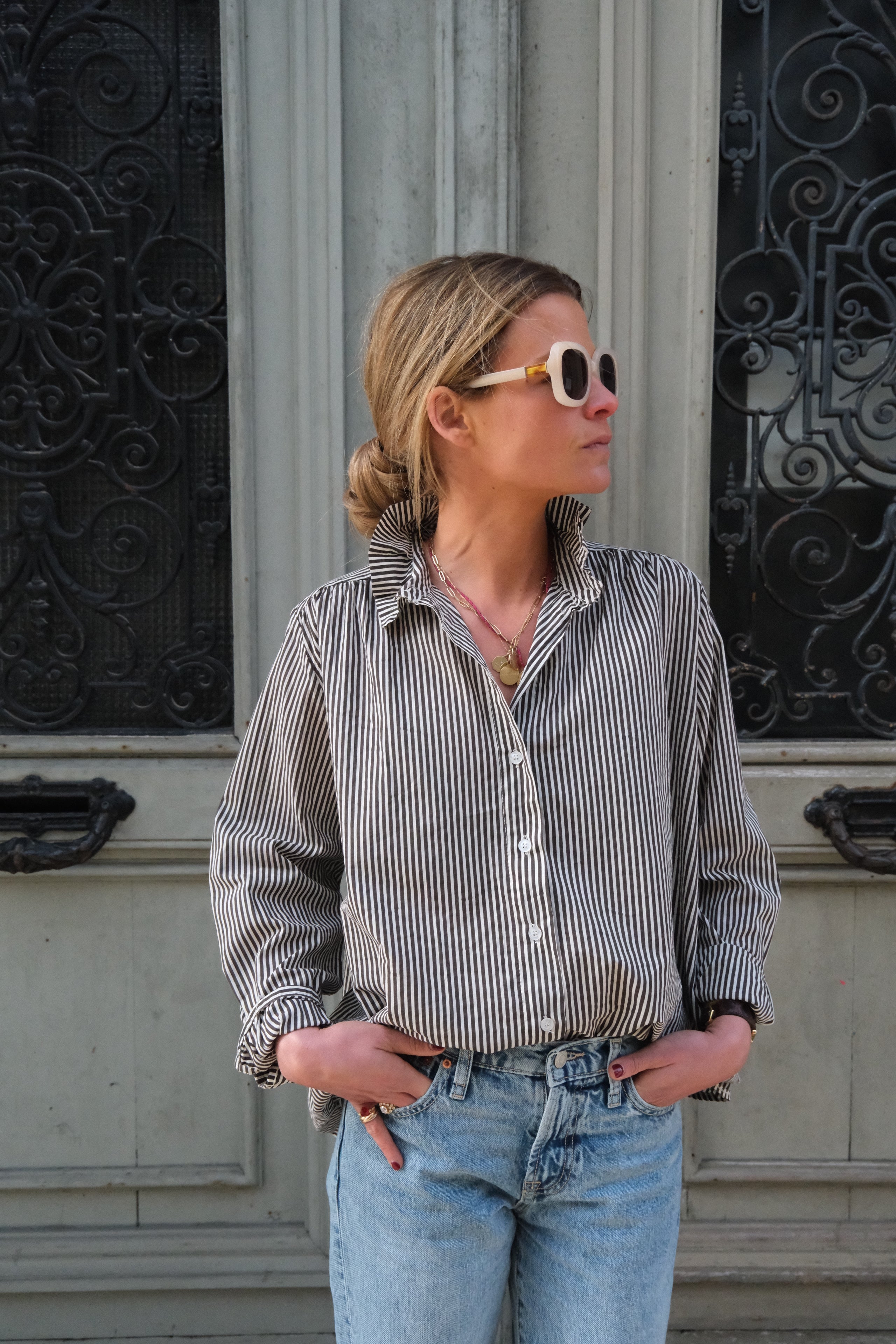 Faustine brown/grey stripe shirt