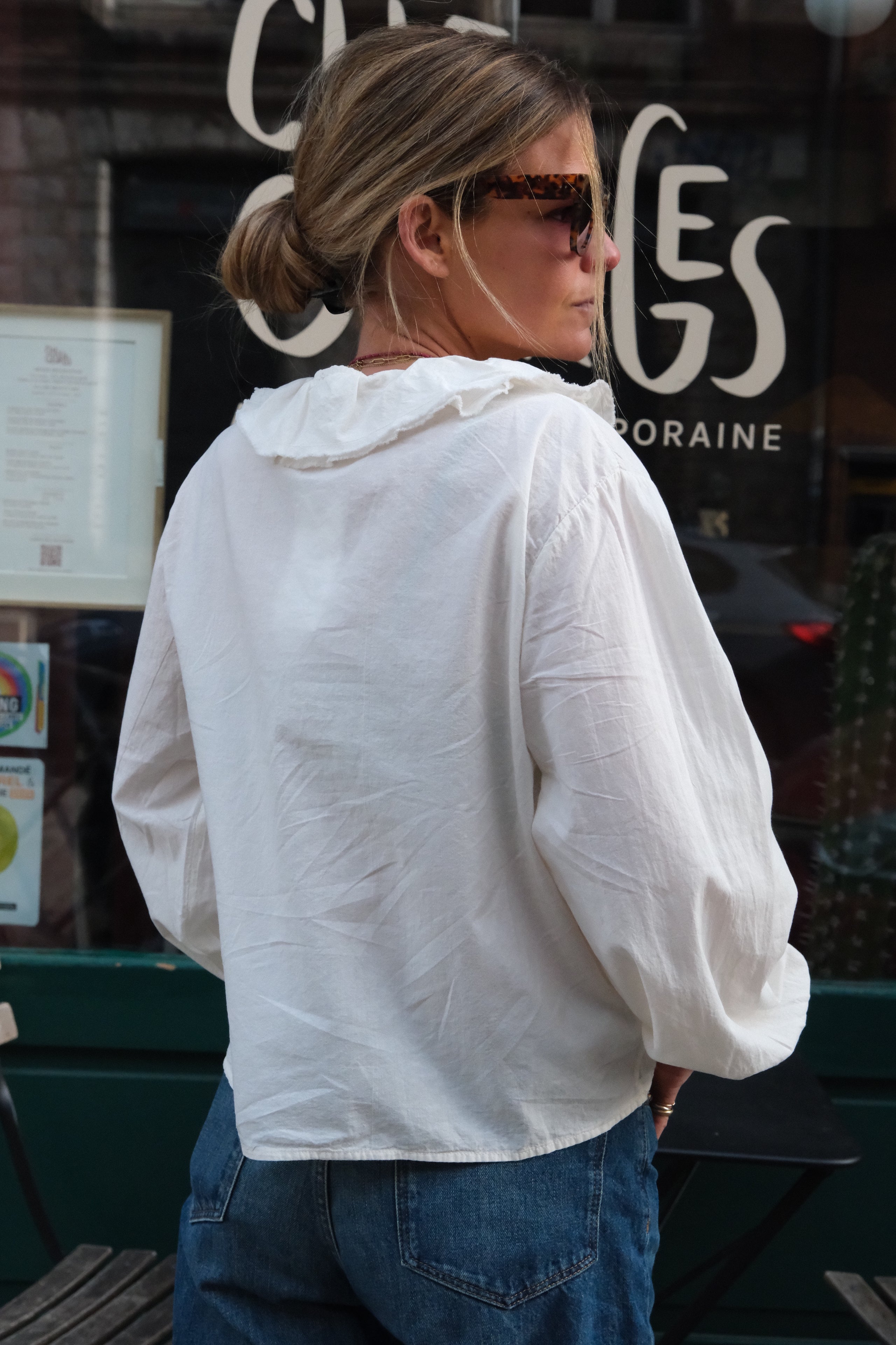 Sidonie ecru ruffle neckline blouse