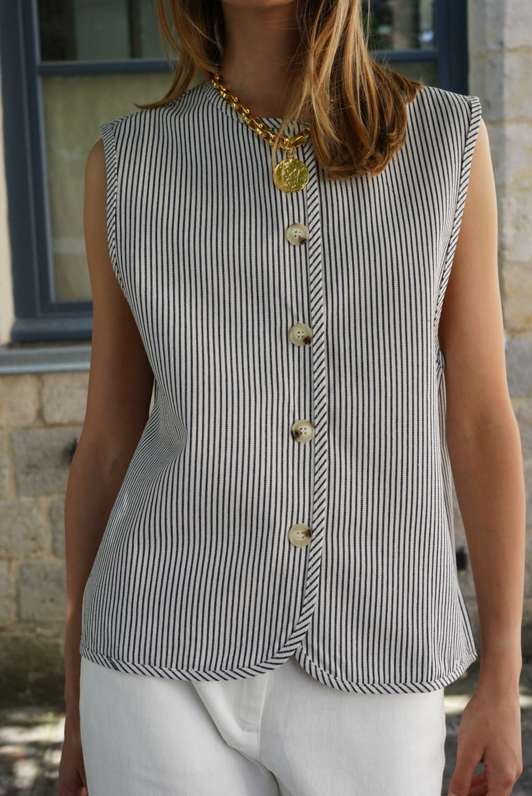 Gilet sans manche Baptiste rayé marine/écru