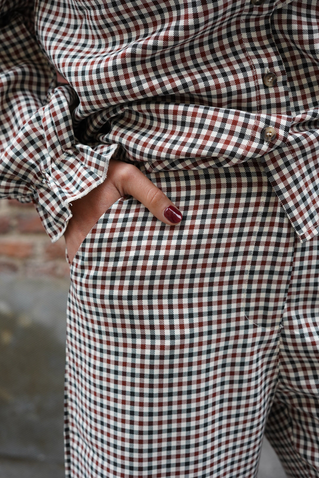 Pantalon Eugène carreaux écru/bordeaux