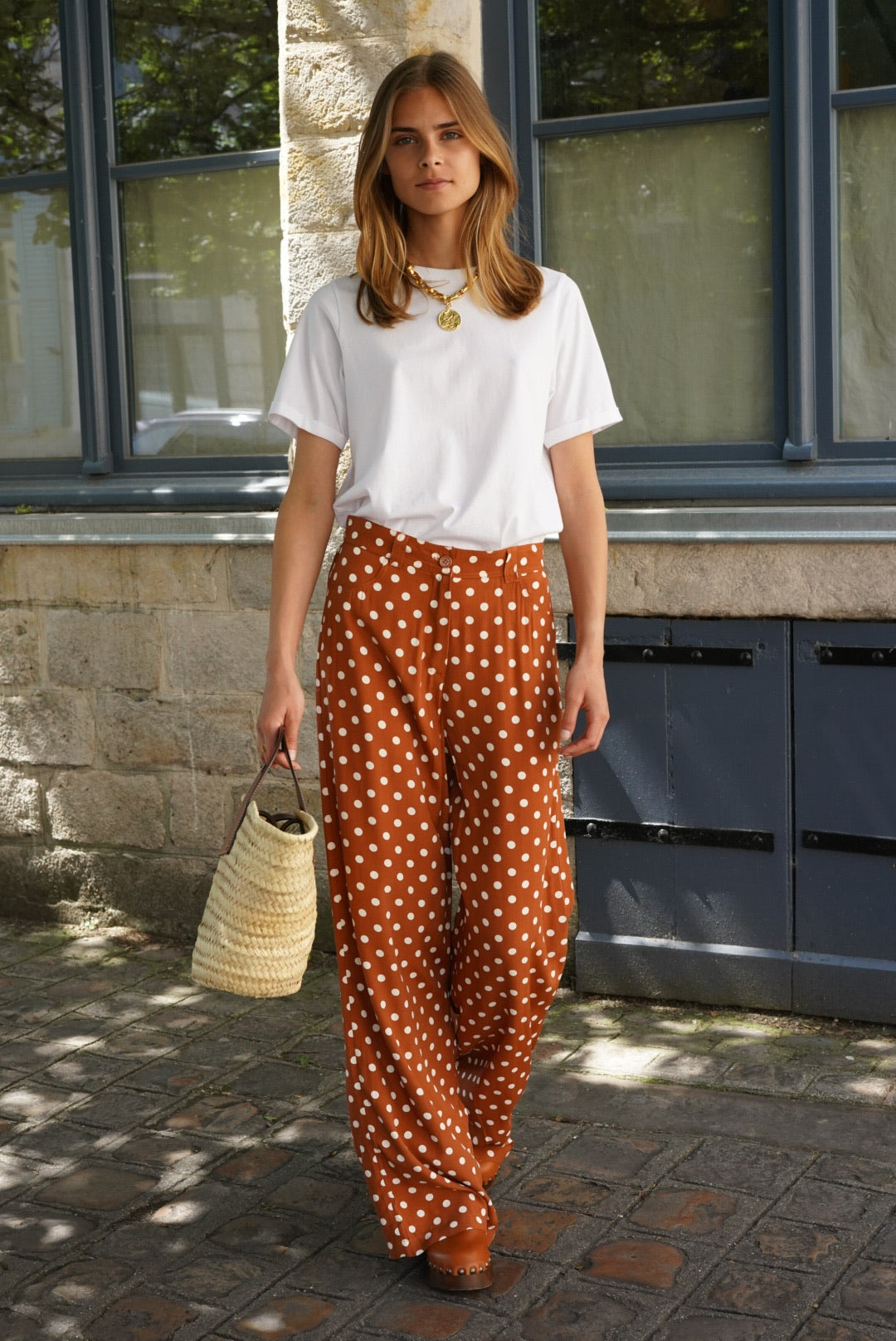 Pantalon Ambroise pois caramel