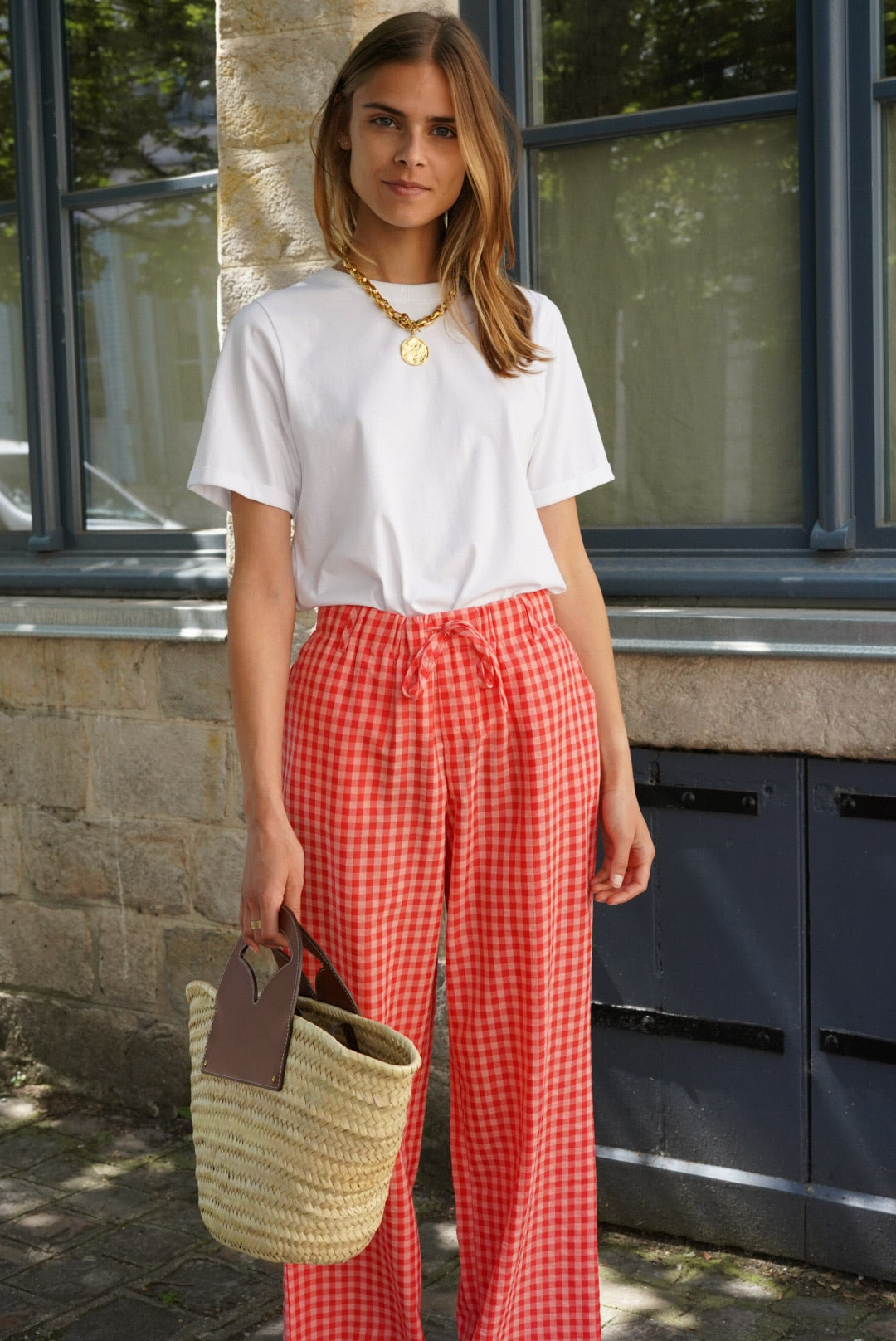 Pantalon Célestin vichy rose/rouge