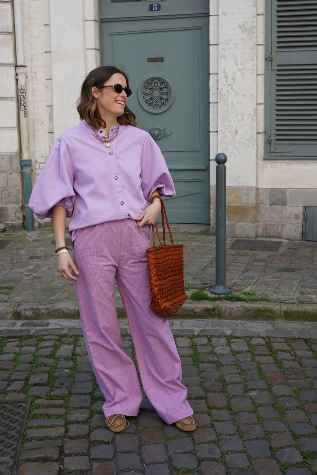 Pantalon ARTHUR vichy parme/rose