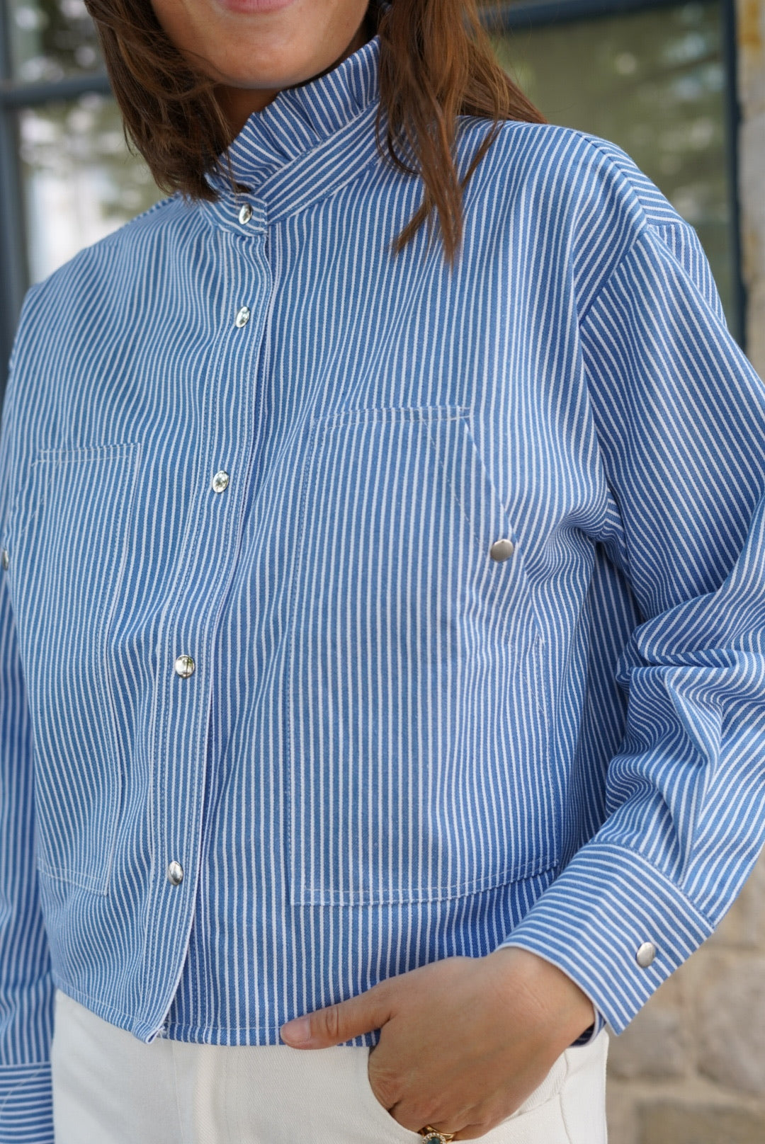 Veste courte Zélie rayure bleu/blanc