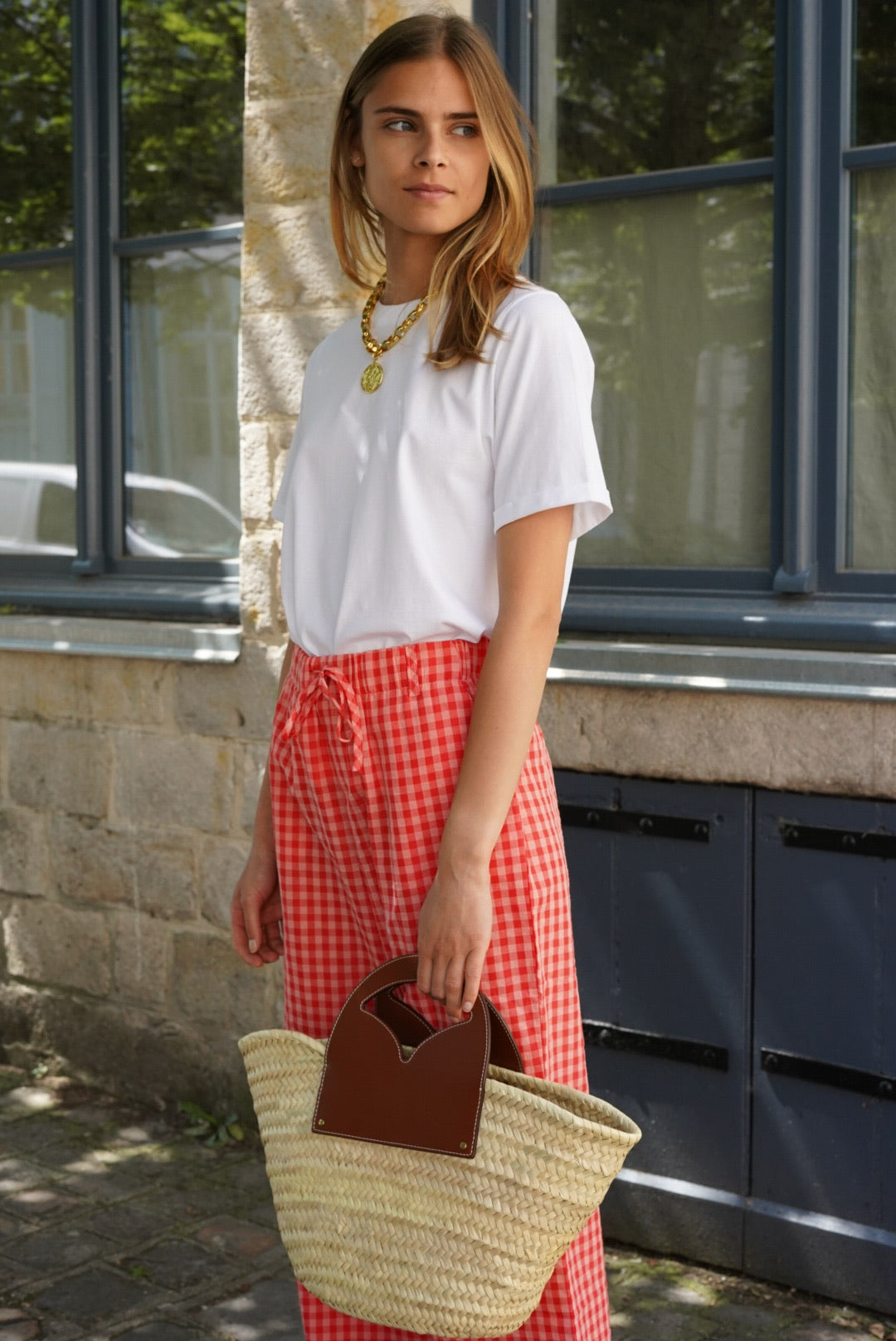 Pantalon Célestin vichy rose/rouge