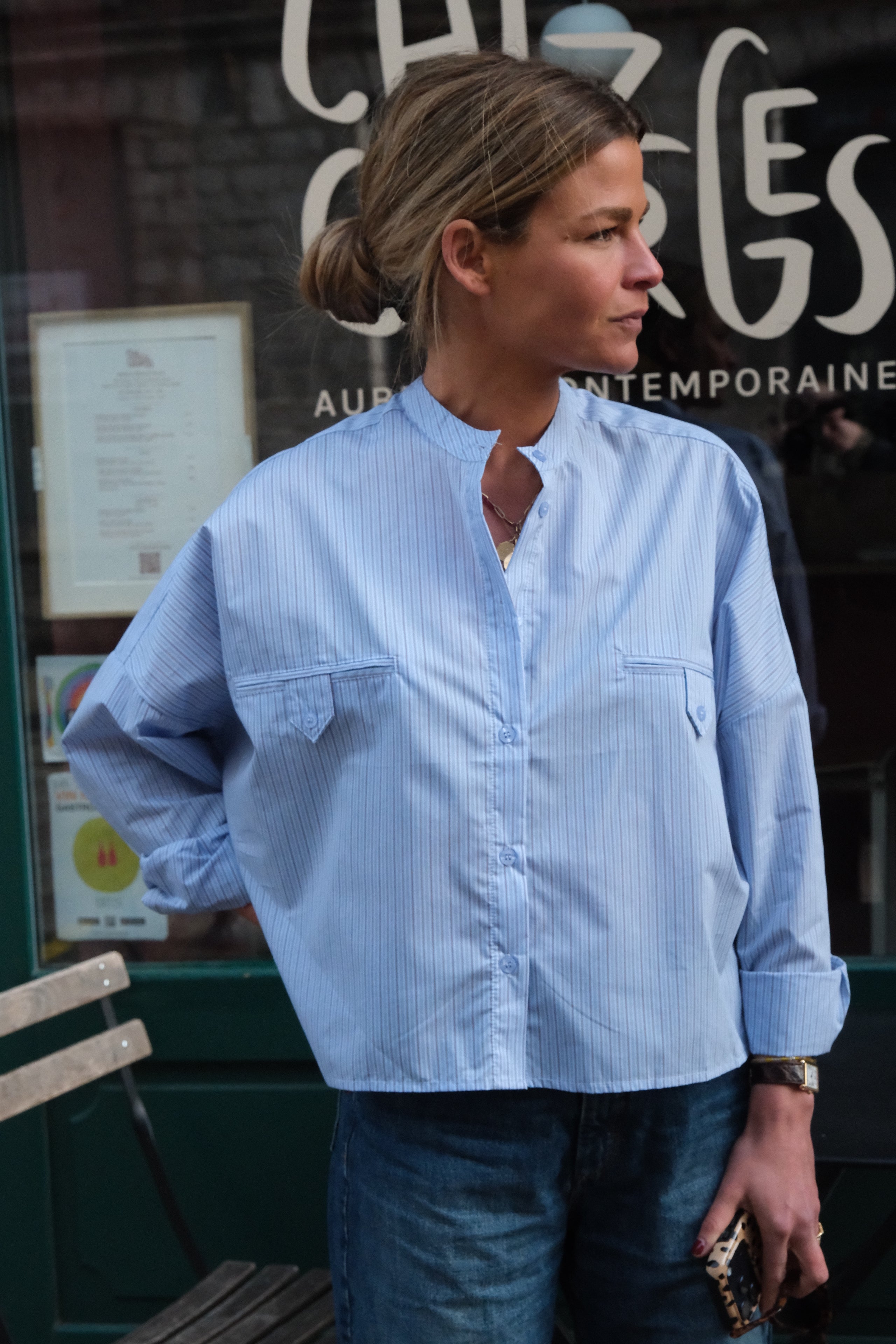Blouse Astrid col mao rayure bleu ciel