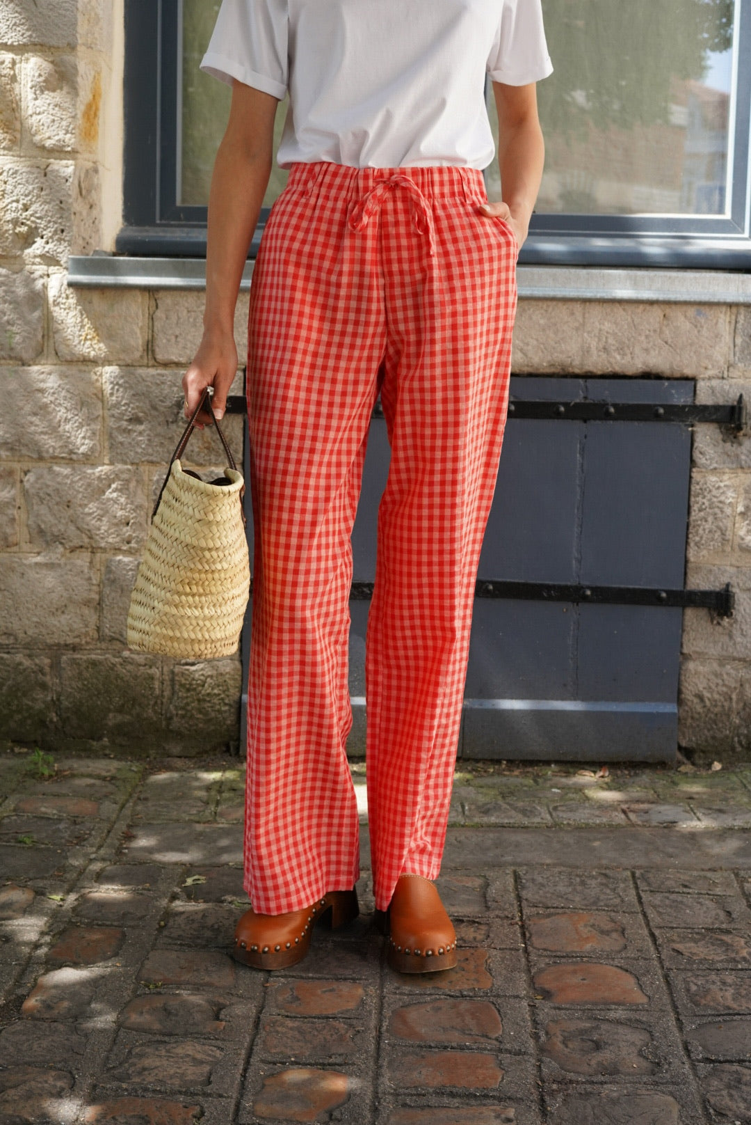 Pantalon Célestin vichy rose/rouge