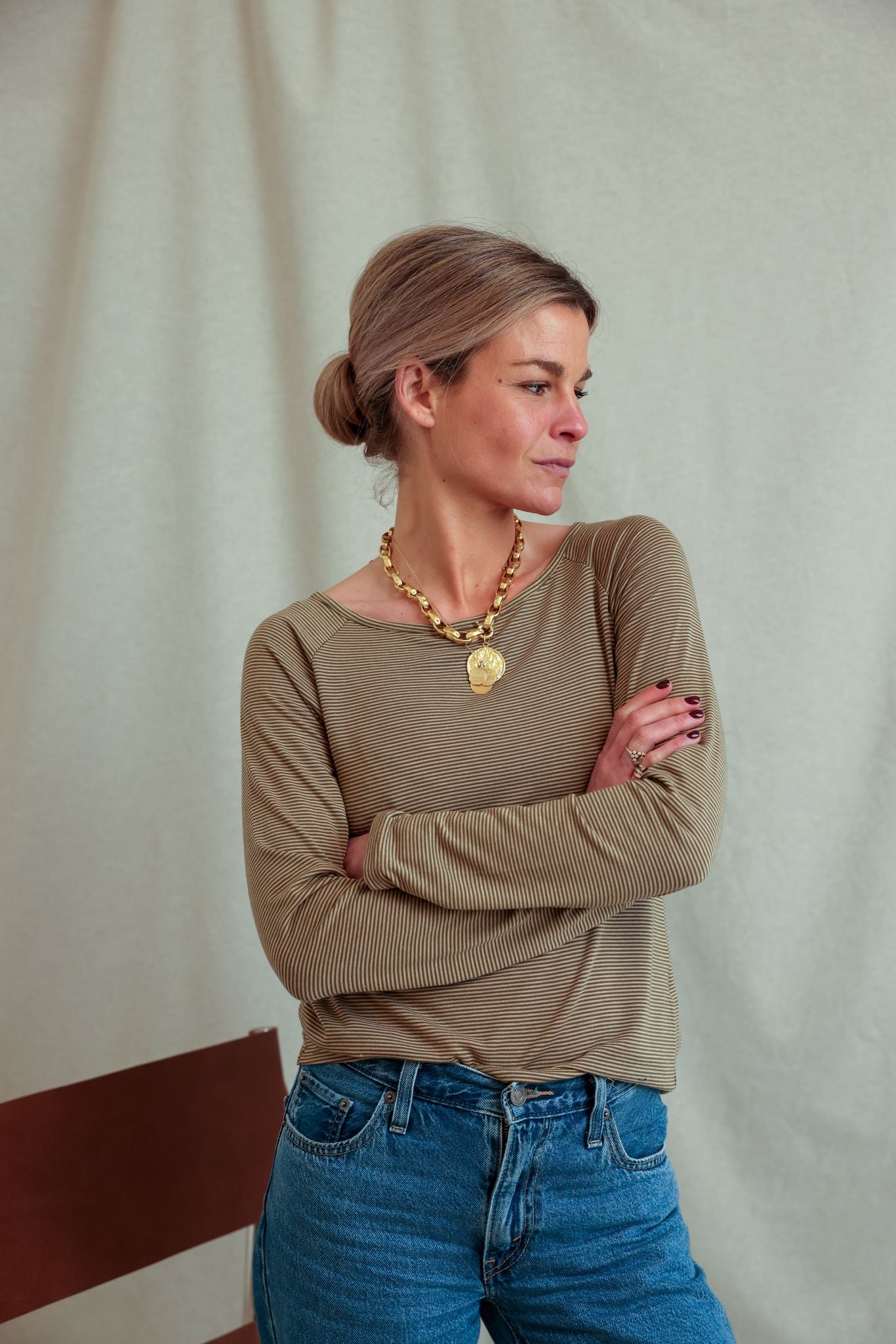 Valentin khaki/beige striped long-sleeved t-shirt
