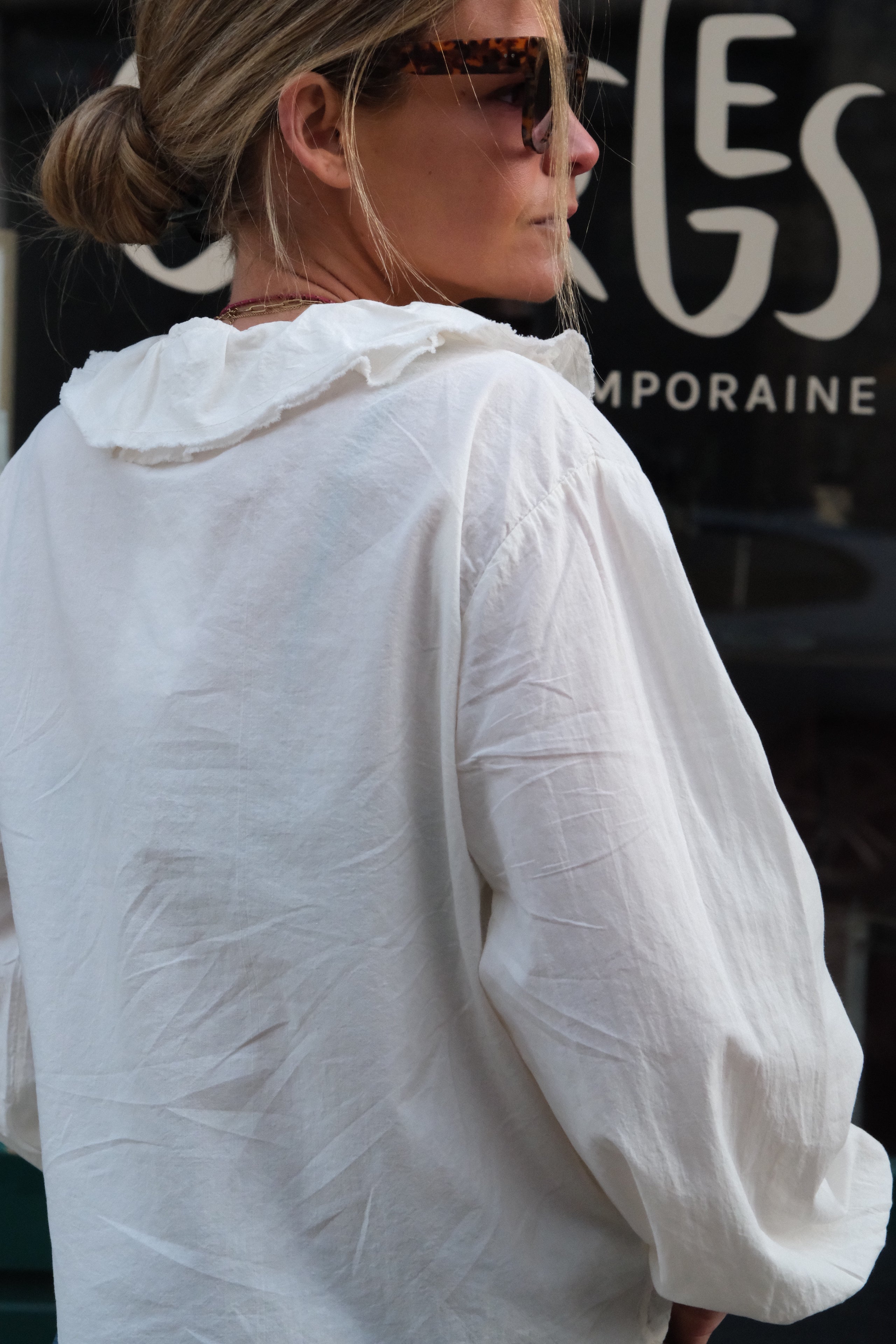 Sidonie ecru ruffle neckline blouse