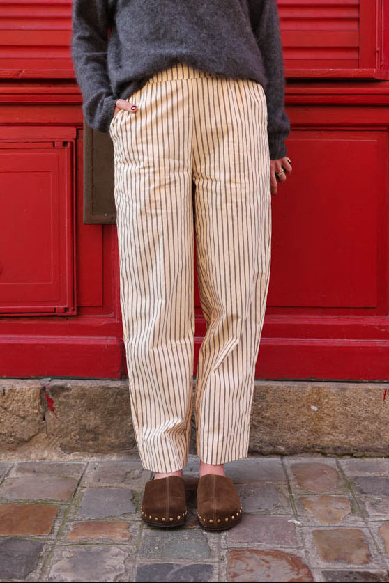 Pantalon Noah rayé écru/chocolat