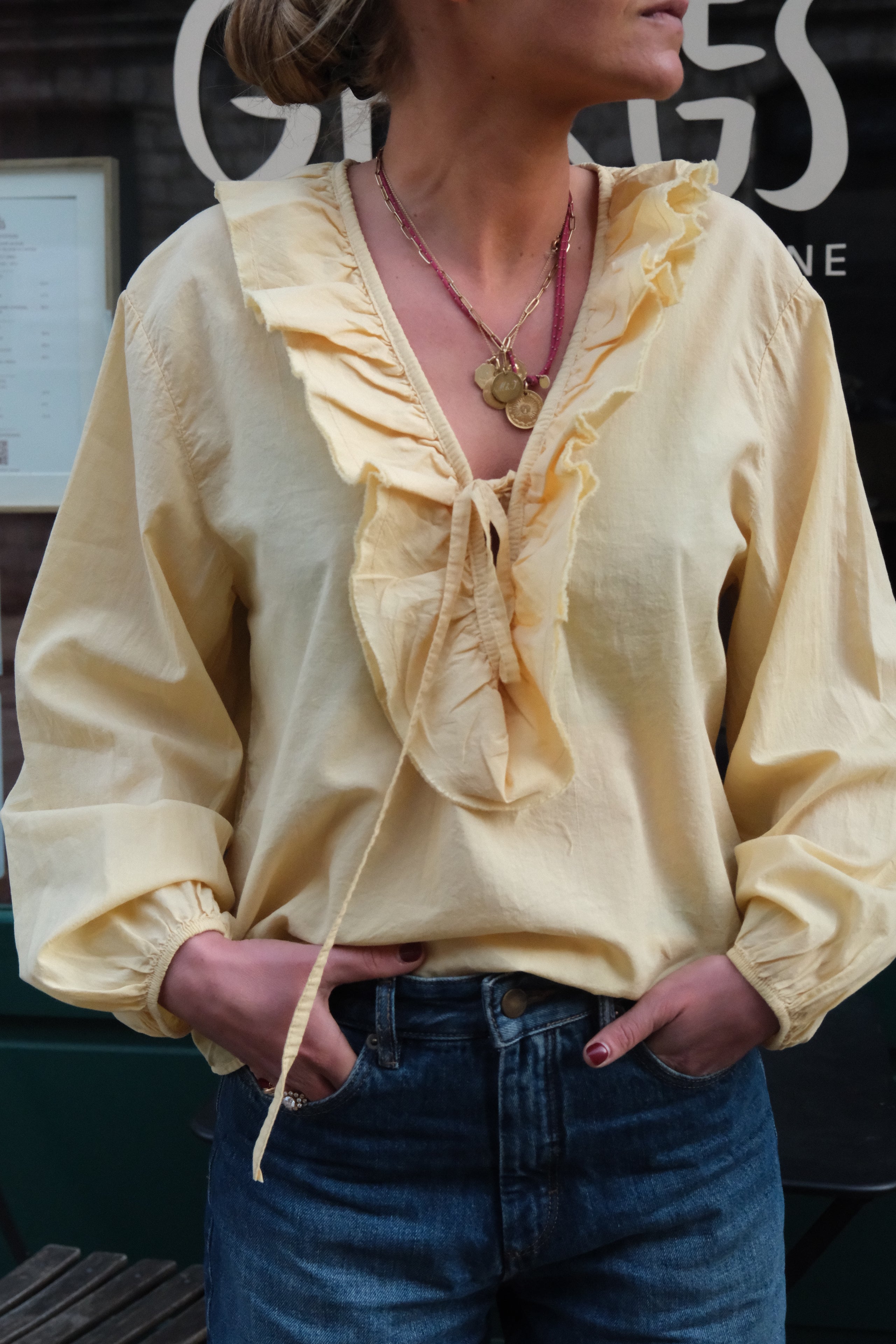 Sidonie yellow ruffle neckline blouse