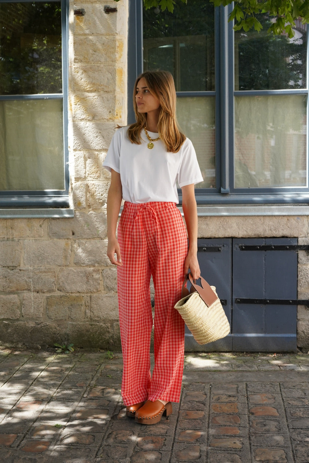 Pantalon Célestin vichy rose/rouge