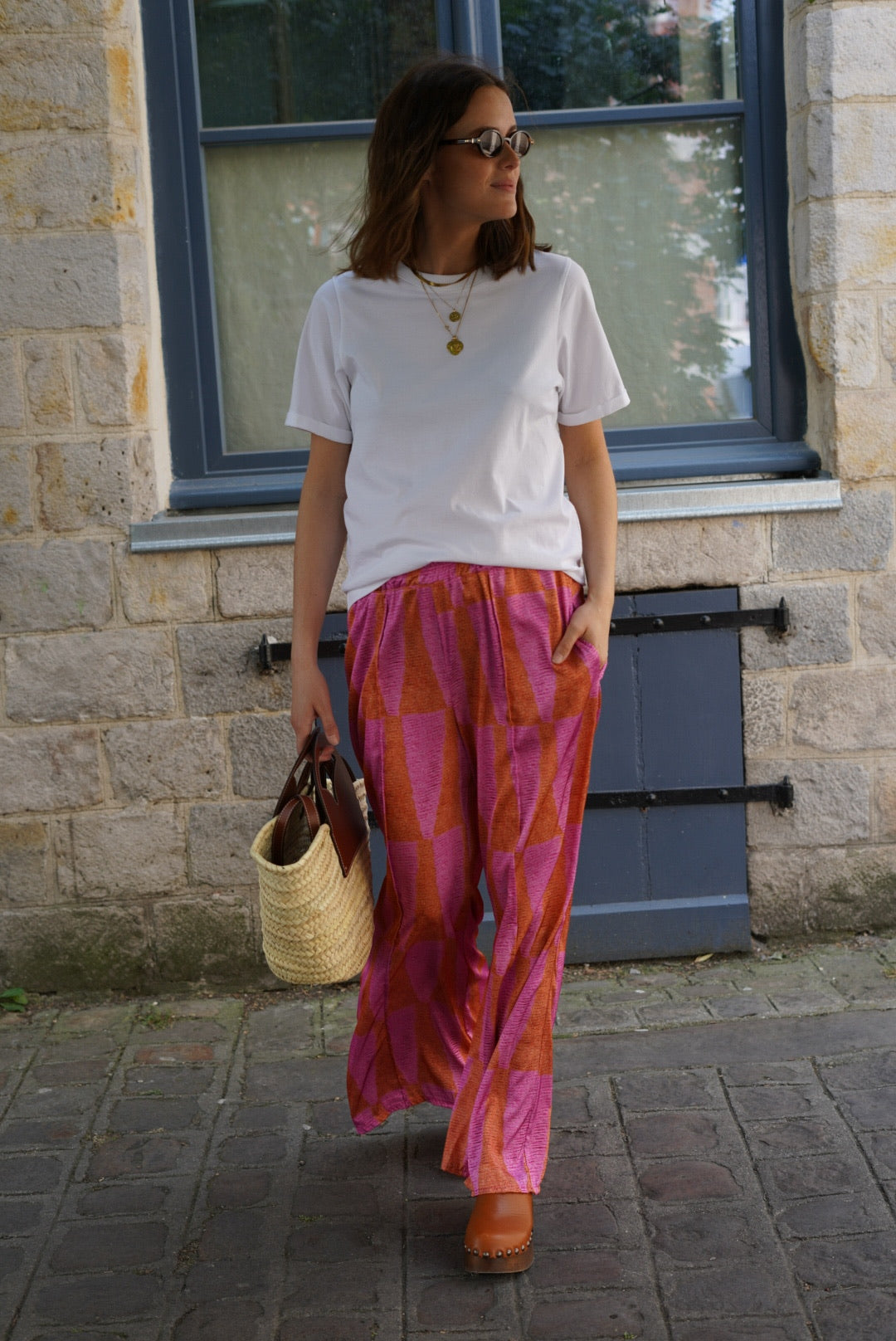 Pantalon Simon motif rose/orange