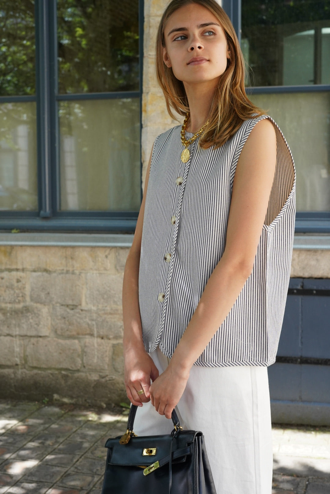 Gilet sans manche Baptiste rayé marine/écru