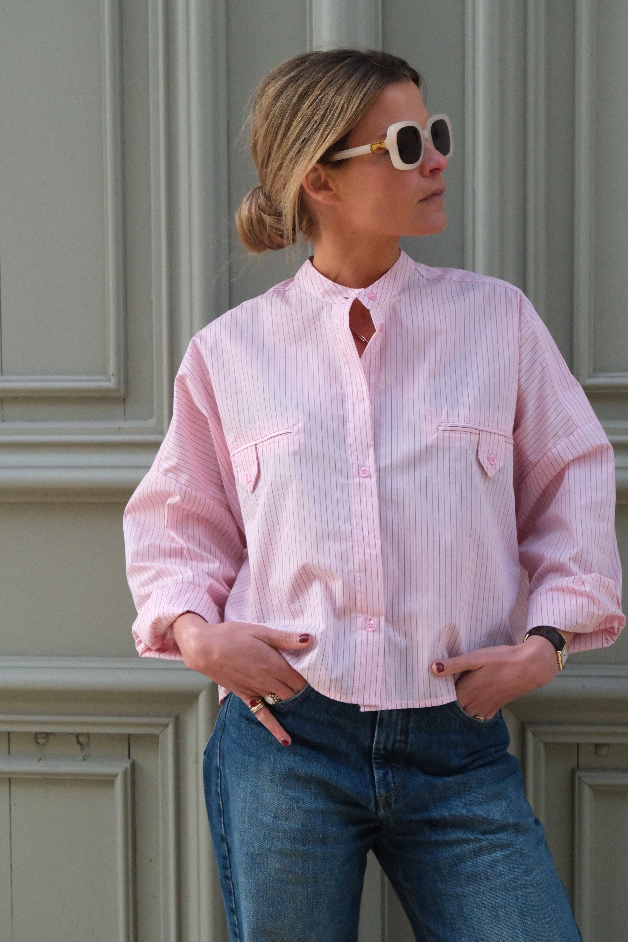 Astrid mandarin-collar pink striped blouse