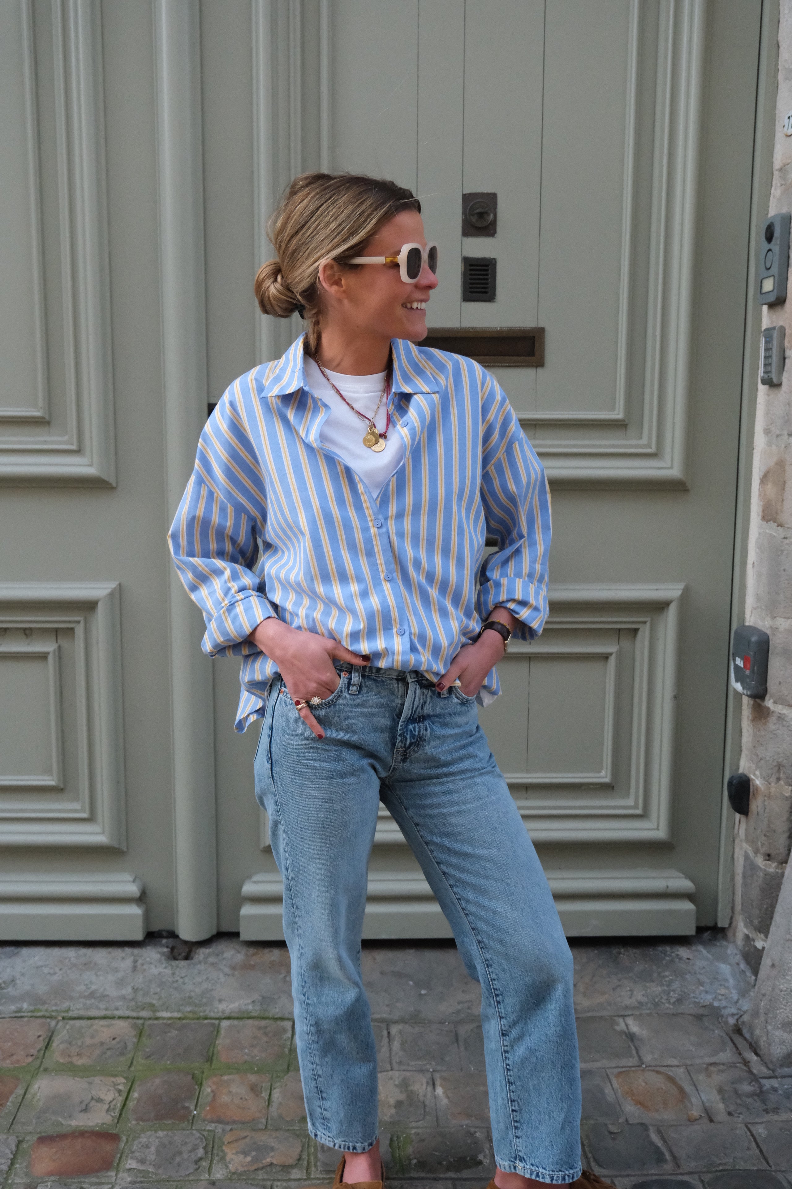 Camille sky blue/yellow stripe shirt