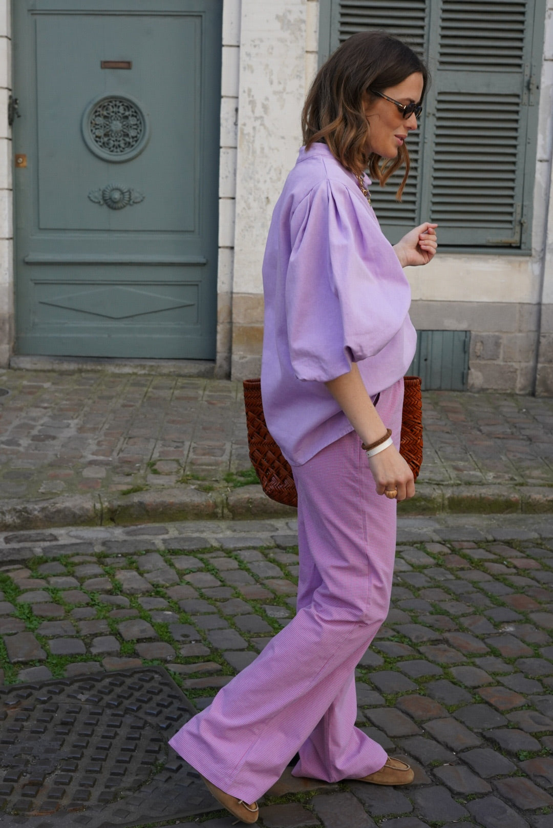 Pantalon ARTHUR vichy parme/rose