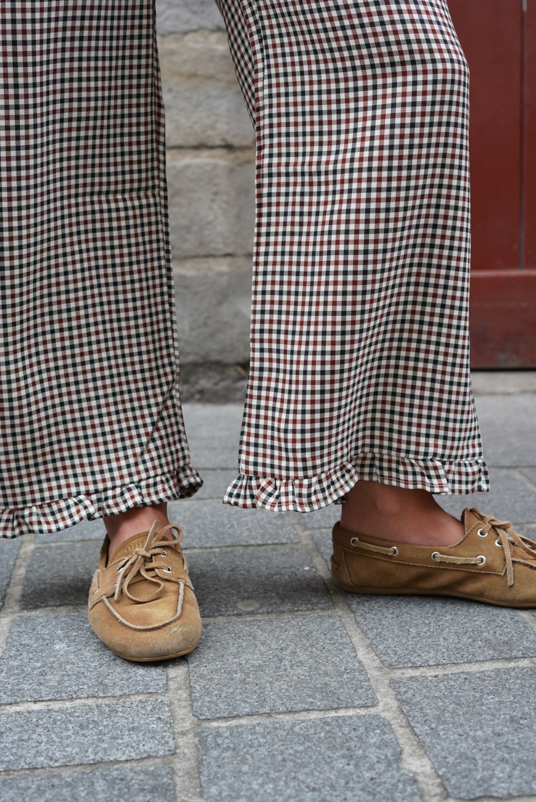 Pantalon Eugène carreaux écru/bordeaux