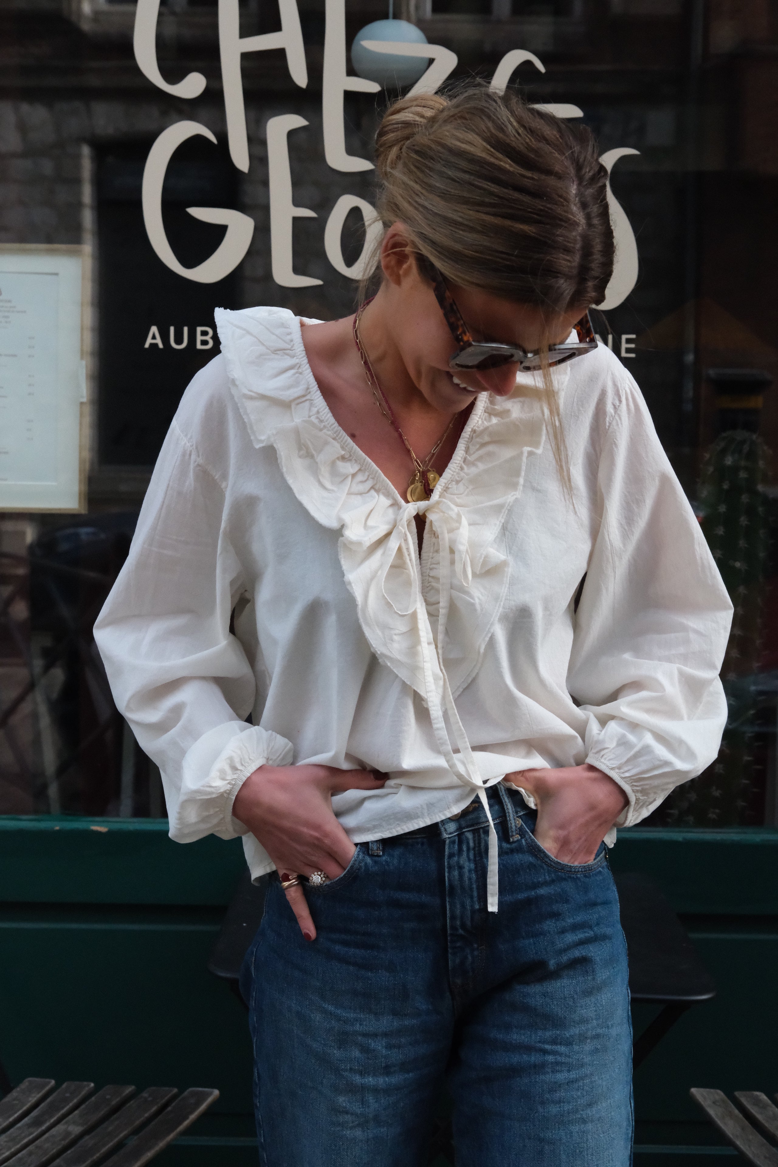 Sidonie ecru ruffle neckline blouse