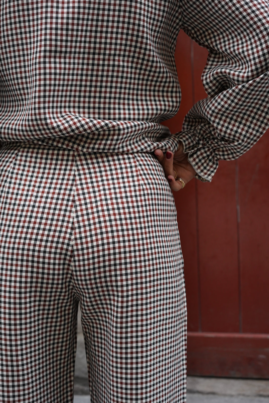 Pantalon Eugène carreaux écru/bordeaux