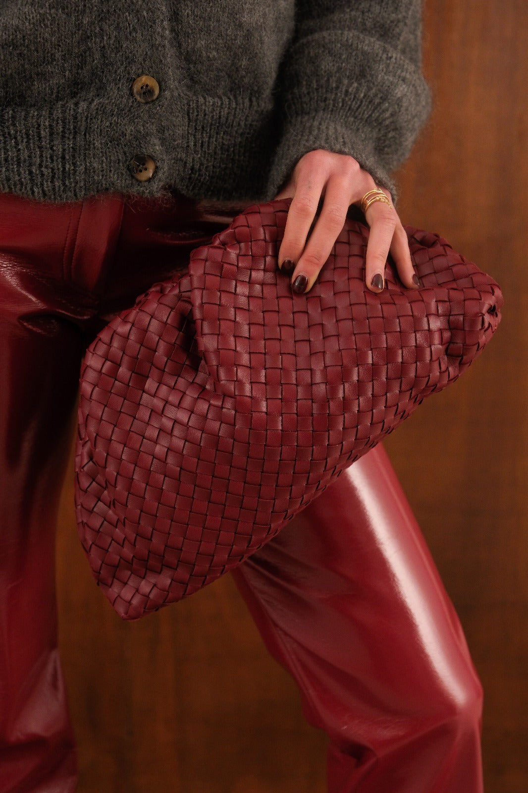 Sac pochon cuir tissé bordeaux