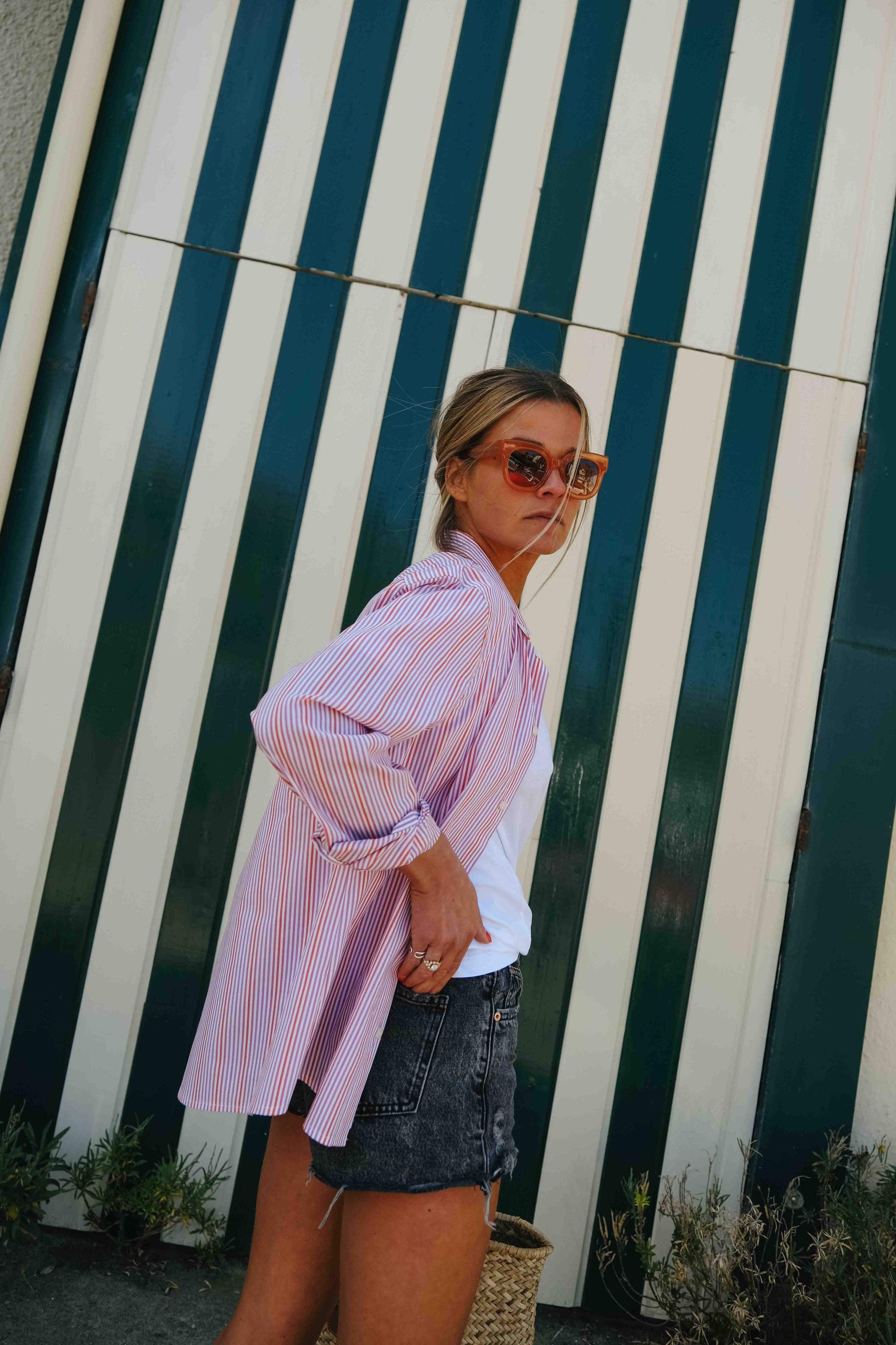 Chemise MATHILDE rayure rouge/parme