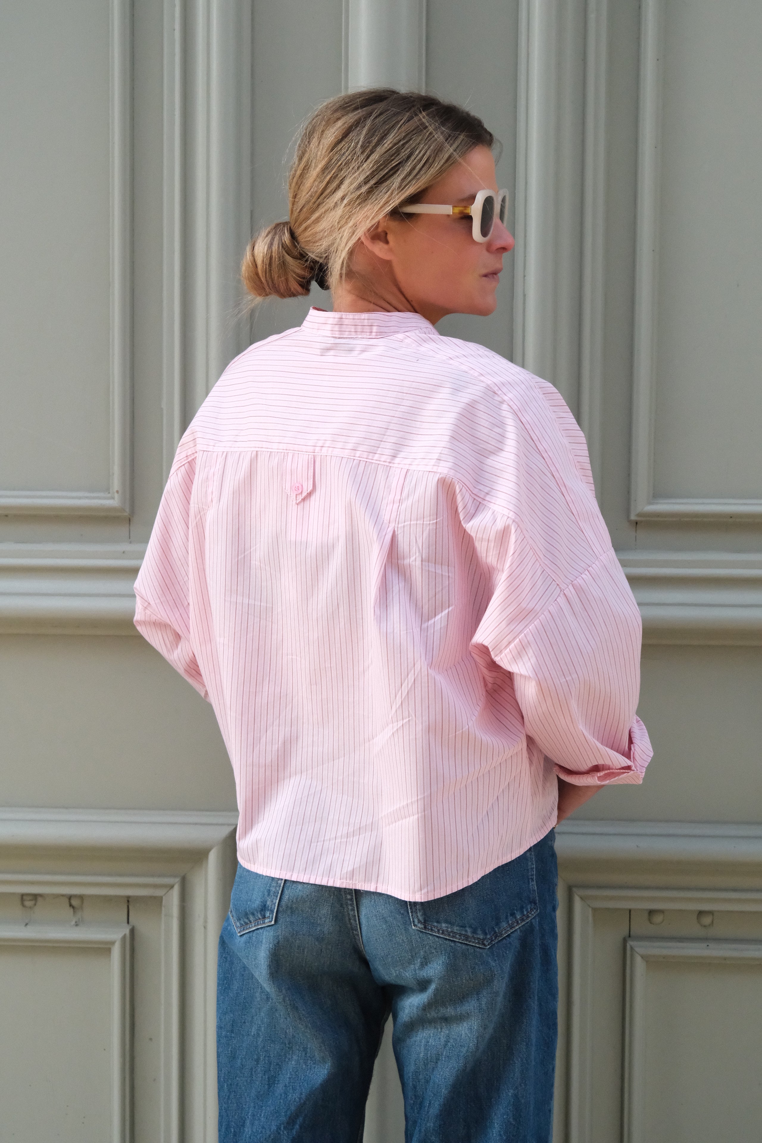 Astrid mandarin-collar pink striped blouse